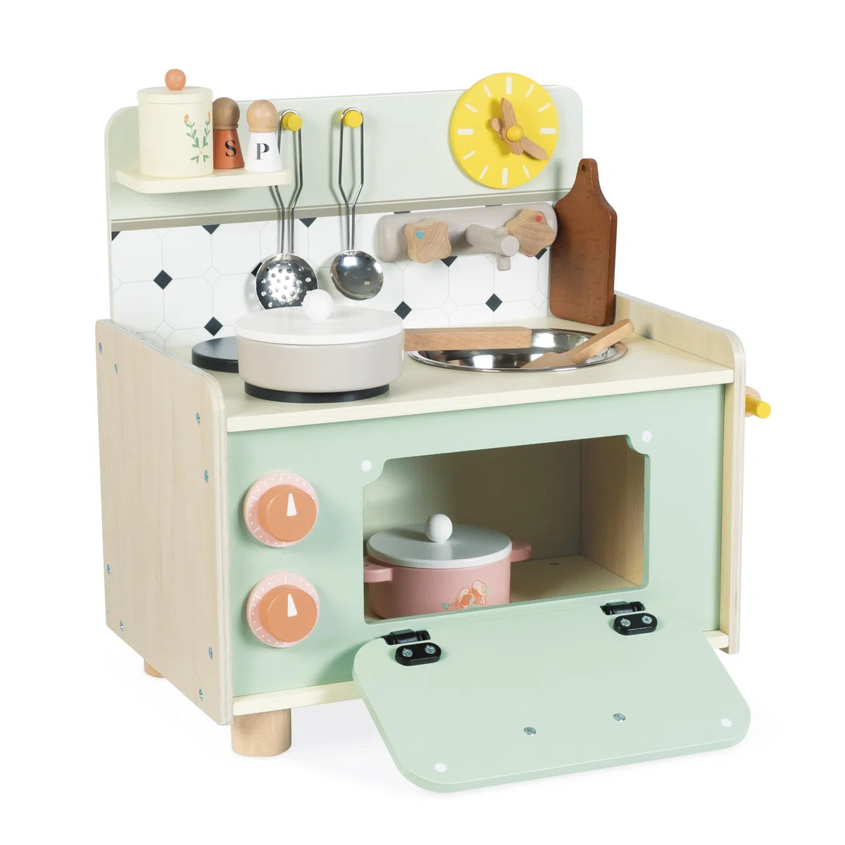 Janod - Cucinino per Bambini in Legno - Cucina per Bambini con Quattro Utensili e 10 Accessori Inclusi - Boutons Rotatifs Sonores - Jouet Imitation et Eveil - da 2 Anni, J06640