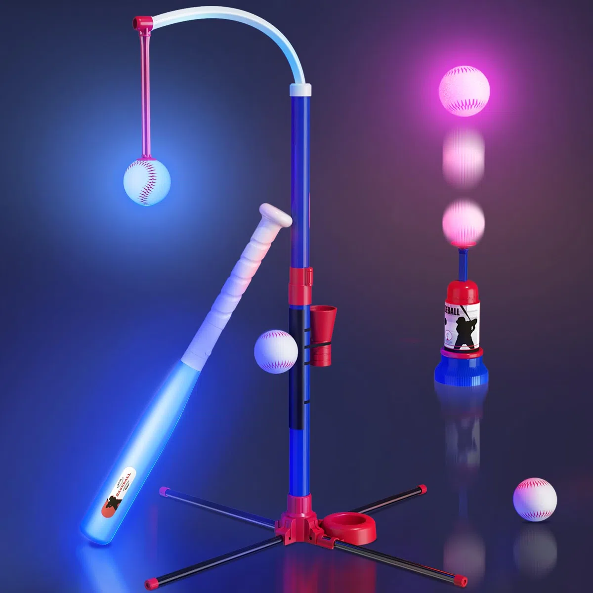 HYES Set da baseball a LED 3 in 1 per bambini dai 3 ai 5 anni, supporto per palline a T, tee da appendere, lanciatore di palline e 4 softball, altezza regolabile, regalo sportivo per interni ed