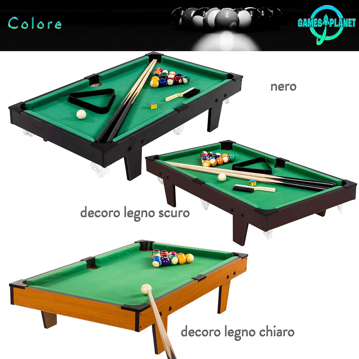 GAMES PLANET Mini tavolo da biliardo Micro incl. accessori (2 stecche, palle, triangolo, gesso, spazzola), 3 decori, dimensioni: 92 x 52 x 19 cm