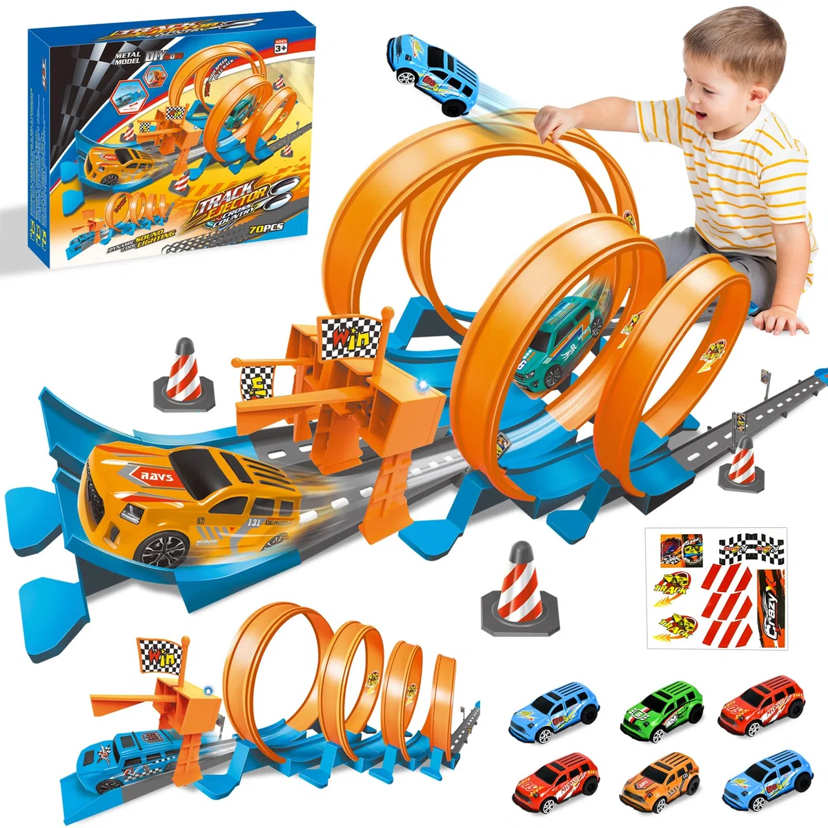 Ulikey Pista da Corsa Bambino, Pista Macchinine Giocattolo con 3 Anelli e 6 Veicoli A Motore, 76 Pezzi Pistas da Corsa Macchinine Flessibile con Luci e Suono, Regalo per Bambino Bambina 3+ Anni