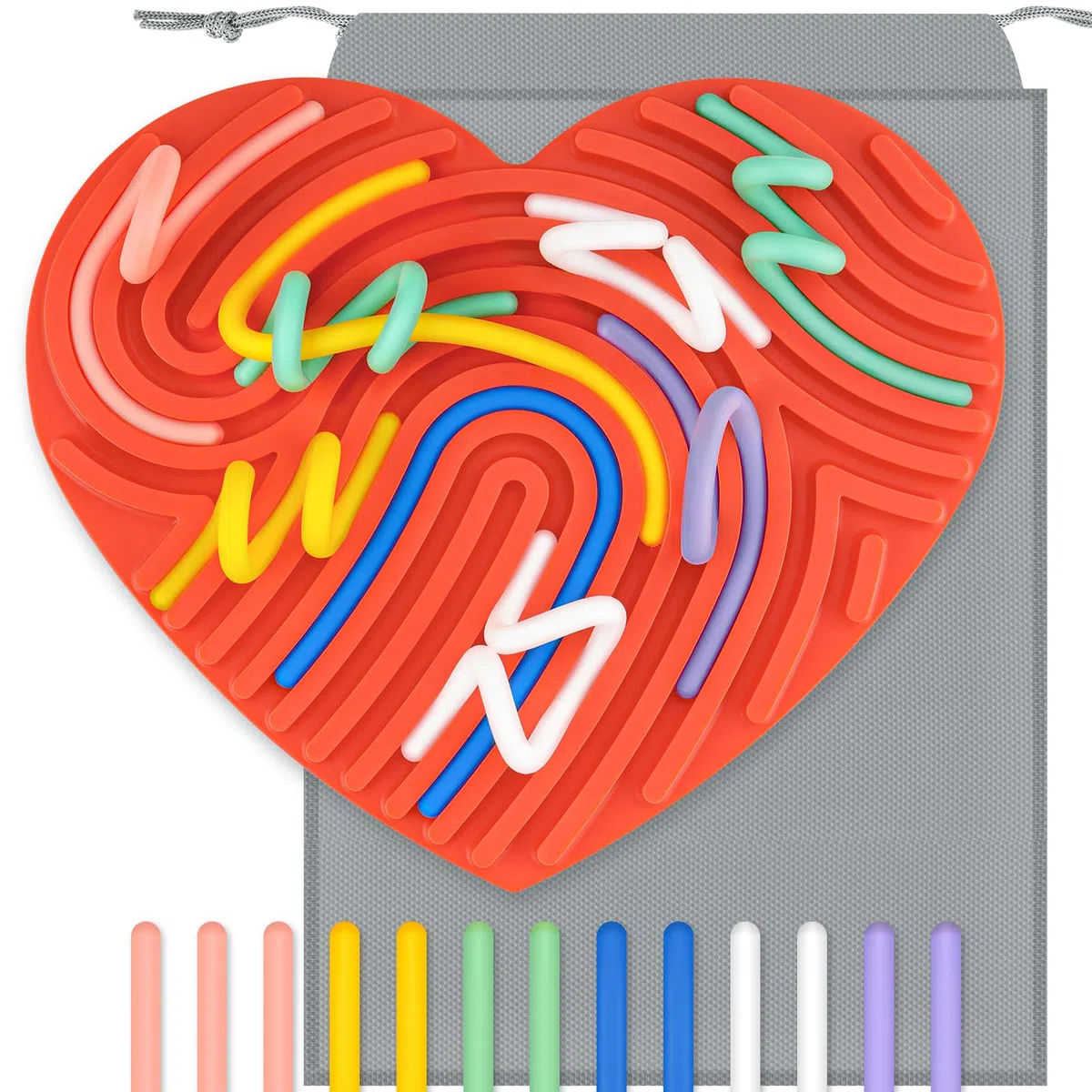 Montessori - Giocattolo sensoriale con 13 corde in silicone, per bambini, per attività sensoriali, tavola occupata, adatto ai viaggi, per abilità motorie e coordinazione occhio-mano (cuore, rosso)