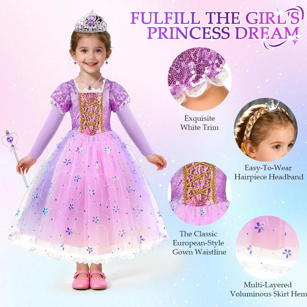 AOOWU Costume da Principessa Rapunzel per Bambina, Vestito Rapunzel con 6 Accessori, Abito da Principessa Viola, Cosplay Halloween Carnevale Abito per Ragazze(100-150)