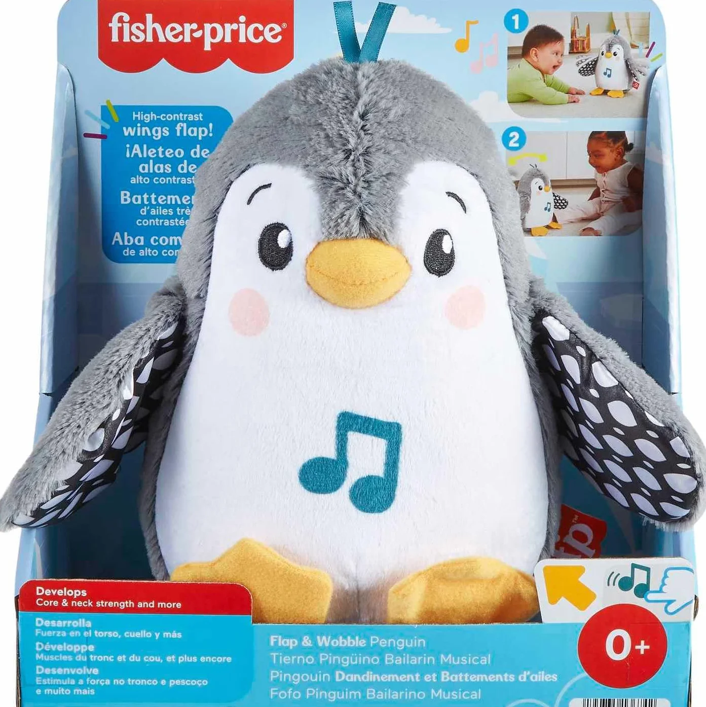 Fisher-Price - Pinguino Dolci Coccole, peluche sensoriale con musica e ali che si muovono, per il gioco interattivo da distesi sul pancino, giocattolo per bambini, 0+ anni, HNC10