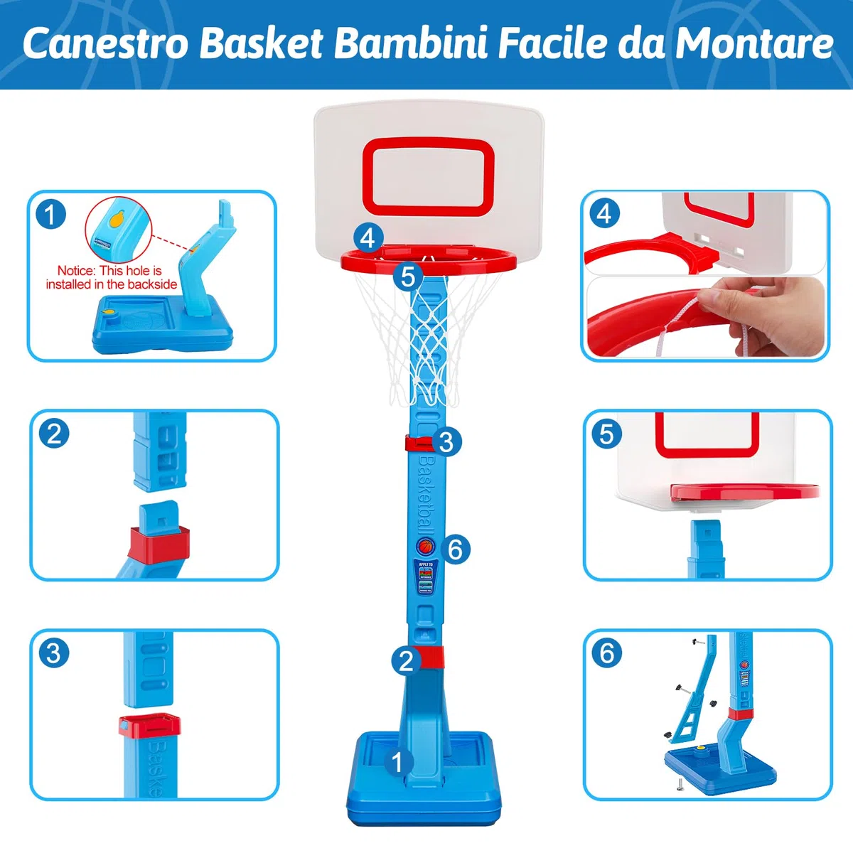 Canestro Basket Bambini Esterno Regolabile in Altezza, Canestro Basket da Camera con Pallone da Basket e Pompa, Giochi Bambini 1 2 3 Anni, Regalo 1 2 3 Anni Maschio Femmina (Blu)