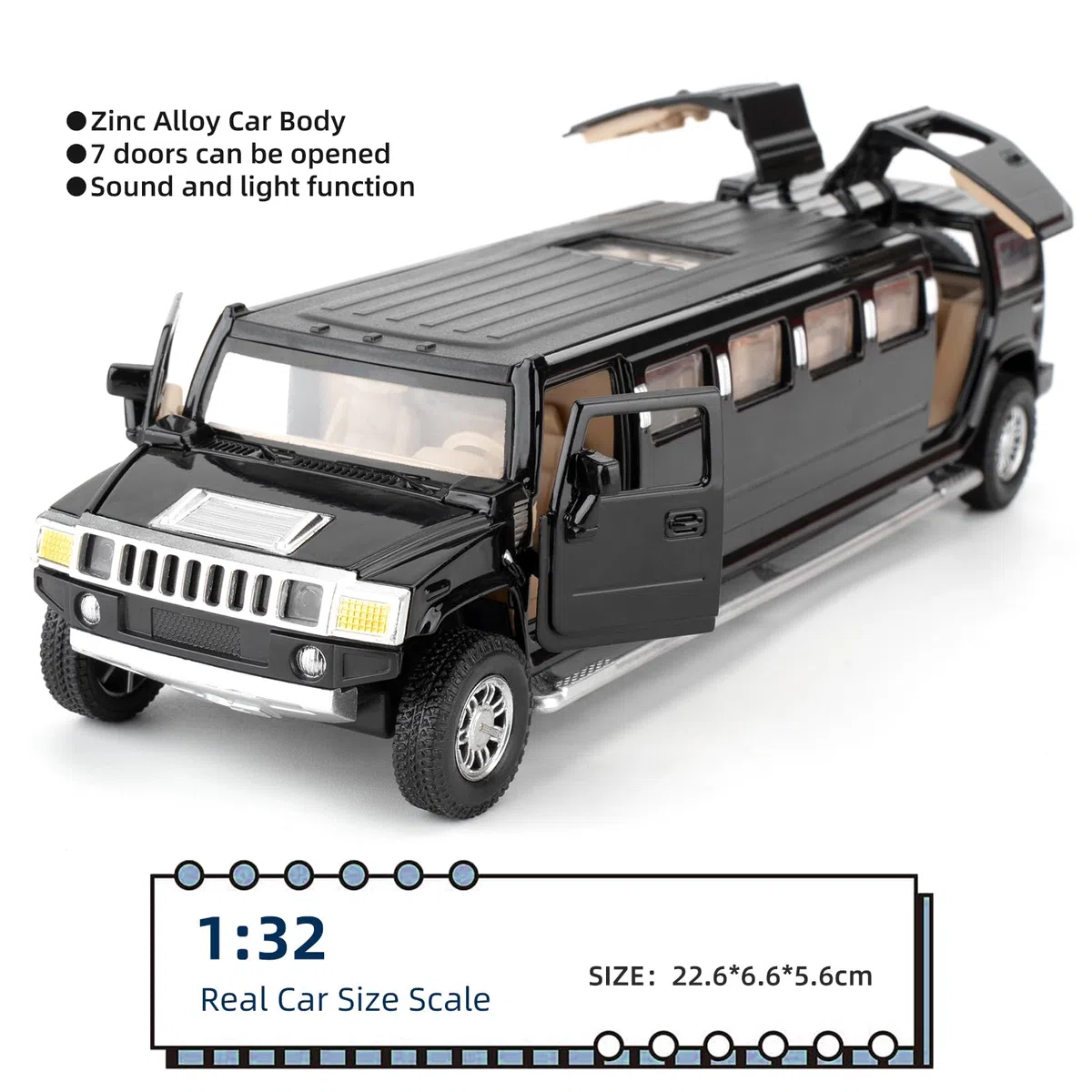 Hummer H2 Modello di auto 1/32, giocattolo di auto Diecast con suono e luce, in lega espandibile, per adulti, bambini, ragazzi e ragazze, nero