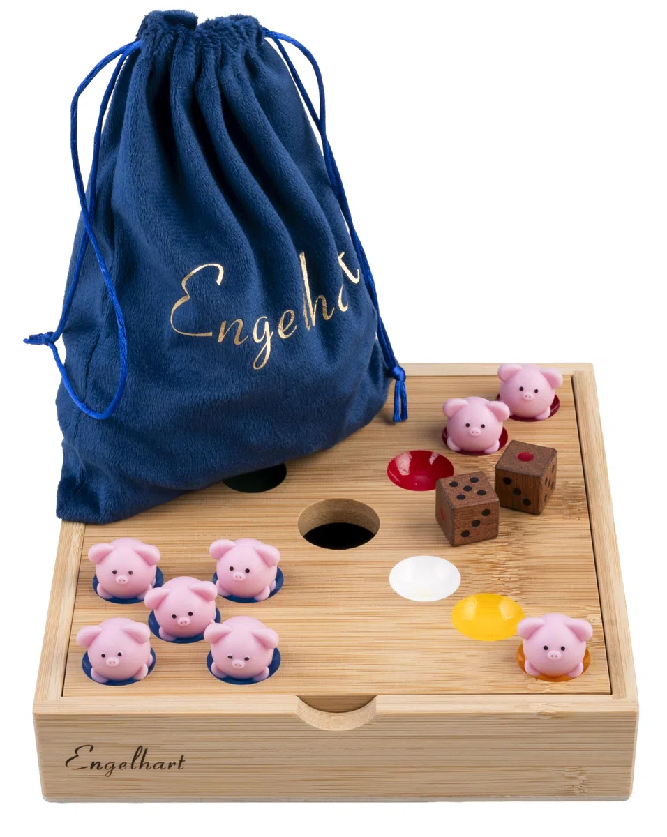 Engelhart-350444 – Gioco del Maialino – Gioco da Tavolo Familiare – Scatola in Legno di Bambù – 60 Maialini in Silicone + 2 Dadi + Regole – Divertente per Bambini e Adulti