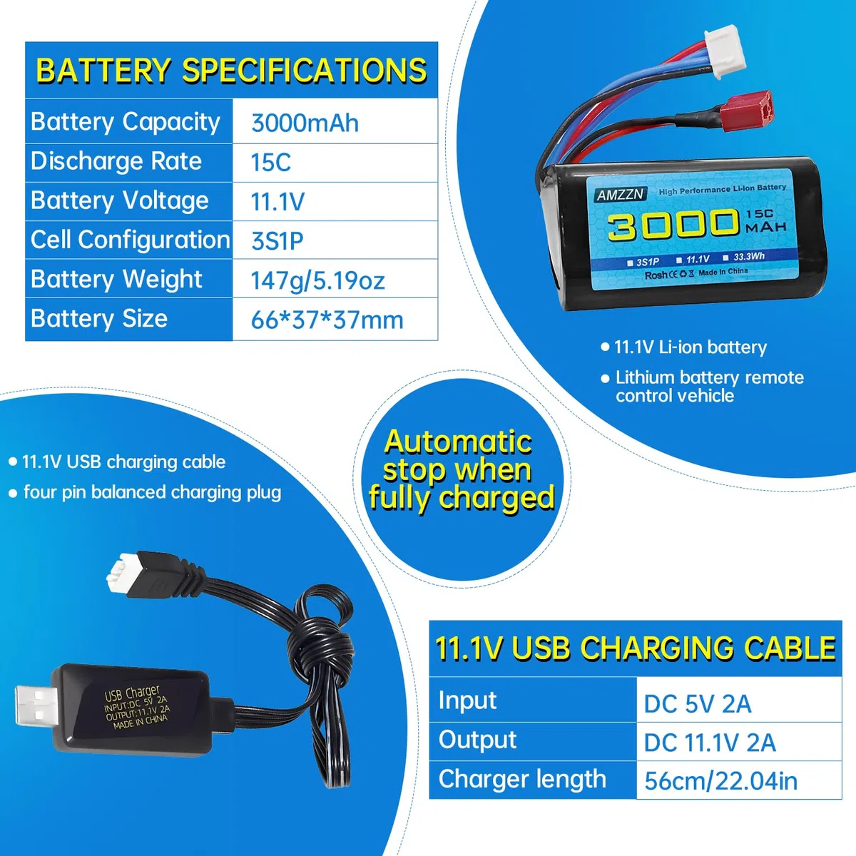11.1V 3000mAh 15C 3S T-plug batteria agli ioni di litio con caricatore USB, adatto per R608 2104 barca brushless telecomando, 210E 200E auto brushless telecomando