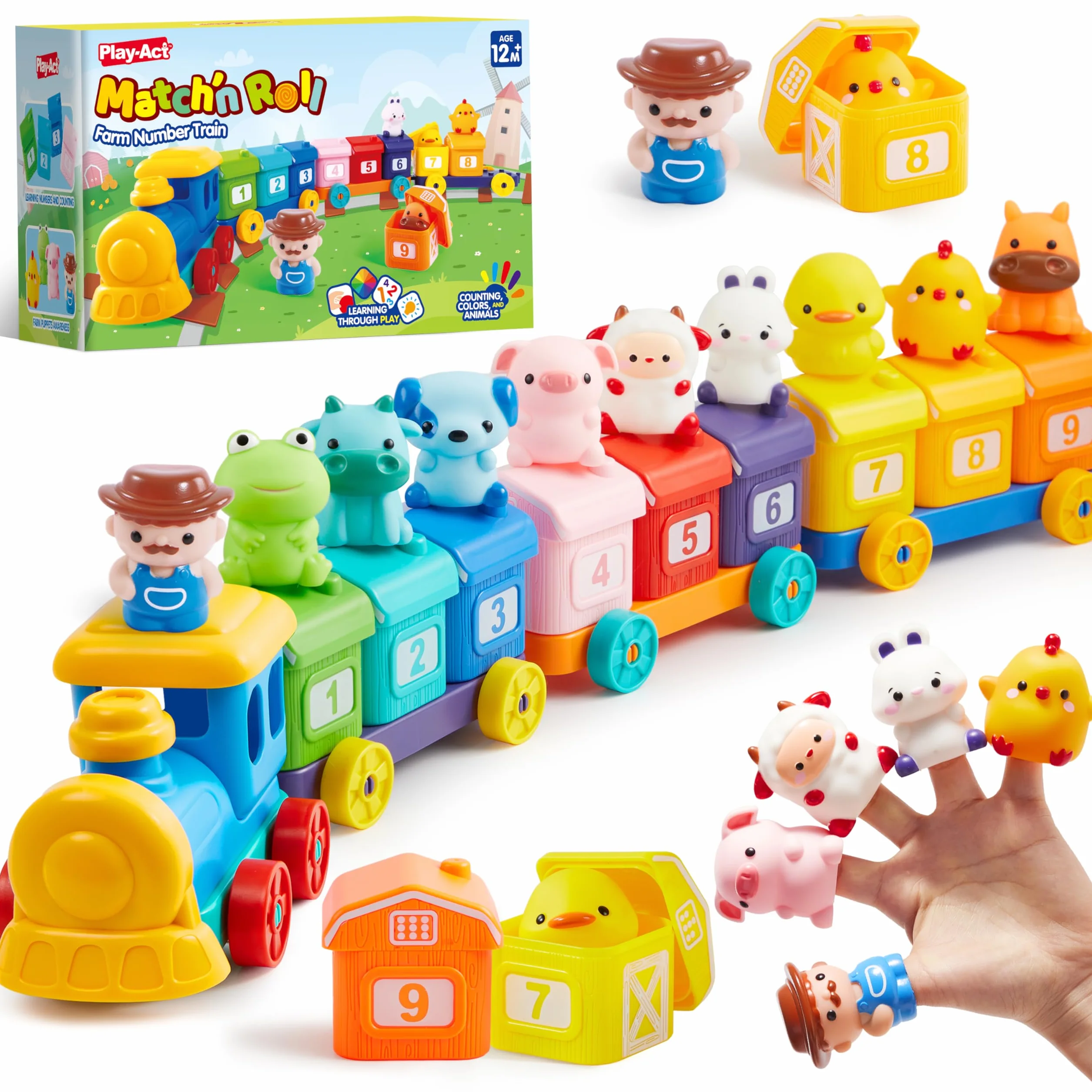 Play-Act Giocattolo Montessori, Treno Giocattolo Animali della Fattoria, Giochi Componibili con Conteggio, Abbinamento e Ordinamento, con 9 Animali e 1 Contadino,Gioco Educativo per Bambini 1-3 Anni