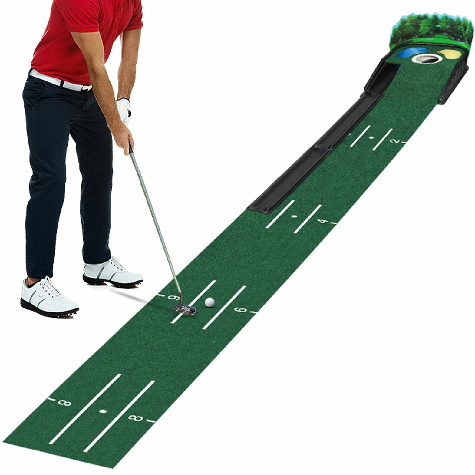 Putting Green per interni Tappetino da golf per interni Lussuoso tappetino in velluto Legno massiccio da golf Ritorno automatico della pallina Golf per interni/esterni Pratica del putting domestico Ta