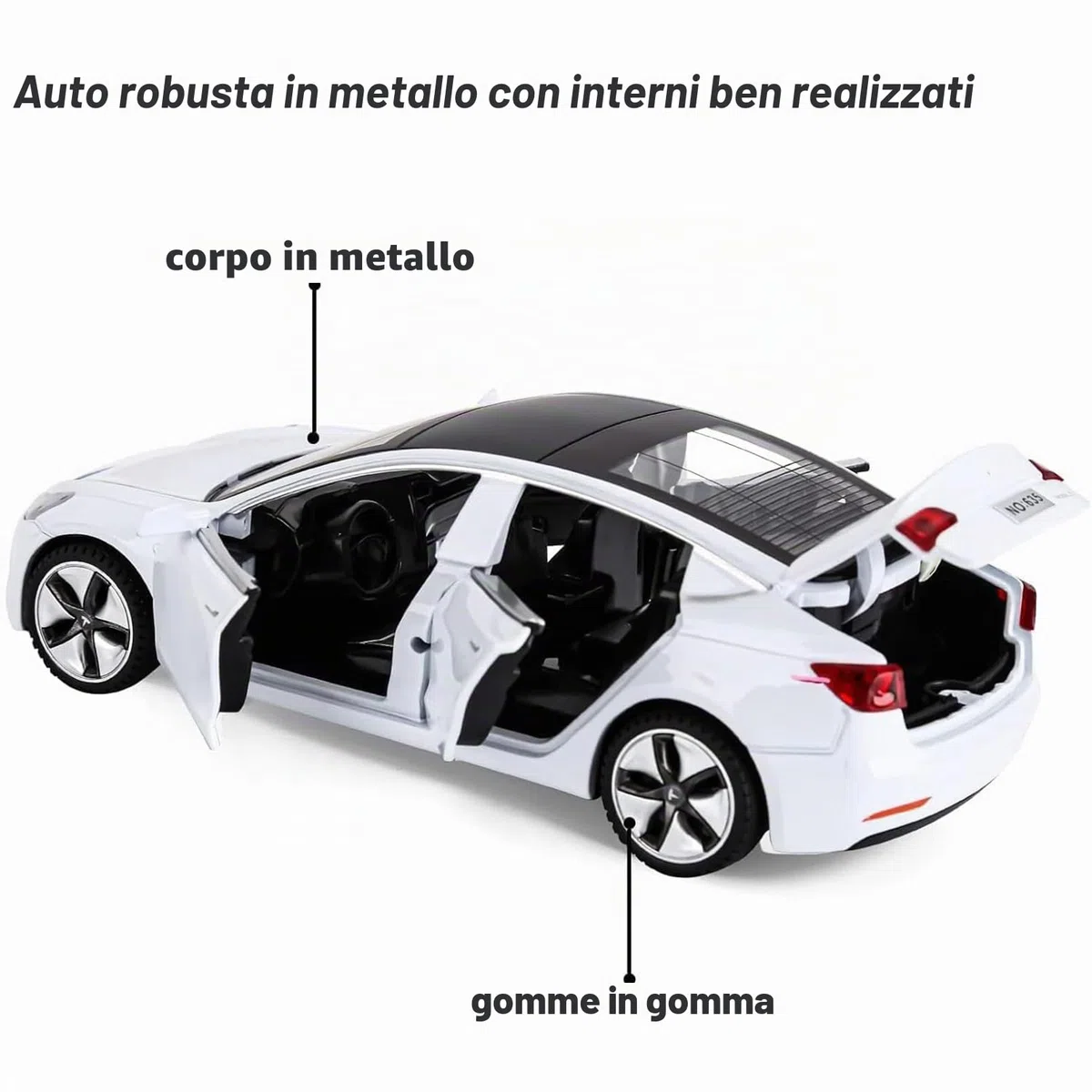 Tesla Model 3 1:32 Modellino Macchinina con Luce e Musica, Funzione Pull-Back, Lega Pressofusa, Ideale per Bambini dai 3 anni e Collezionisti (Bianco)