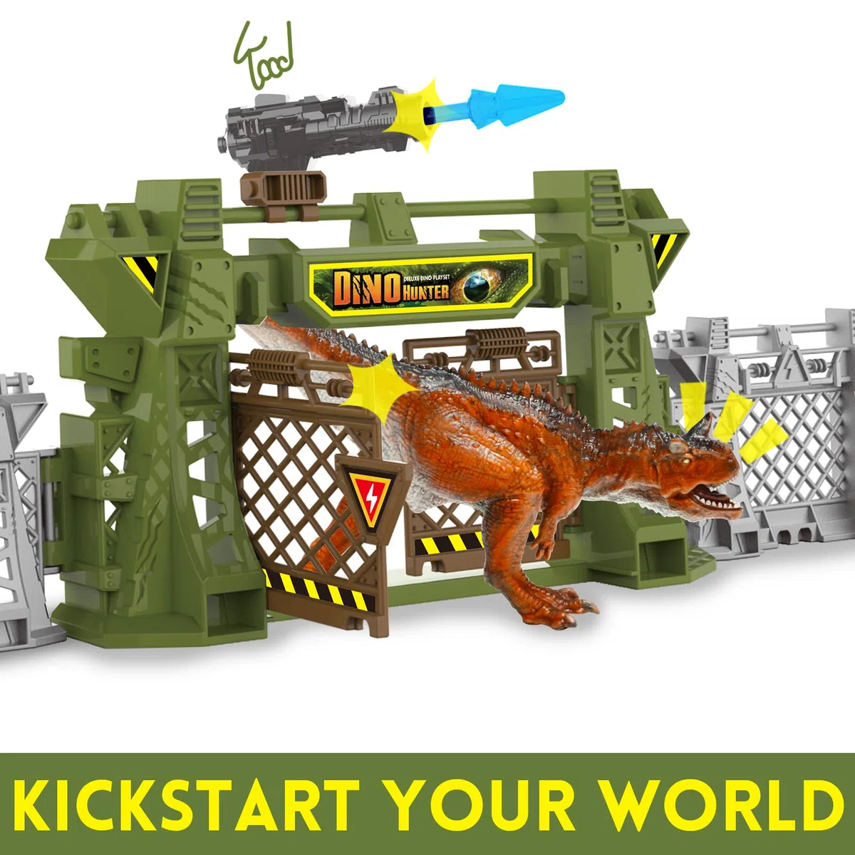Oriate Dinosauro Catch n Run Fighting Playset, include Big Trex & Carnotaurus 12 miniature Dino, 2 alberi, 2 blaster e altro, giocattolo regalo per i fan dei dinosauri 208-2