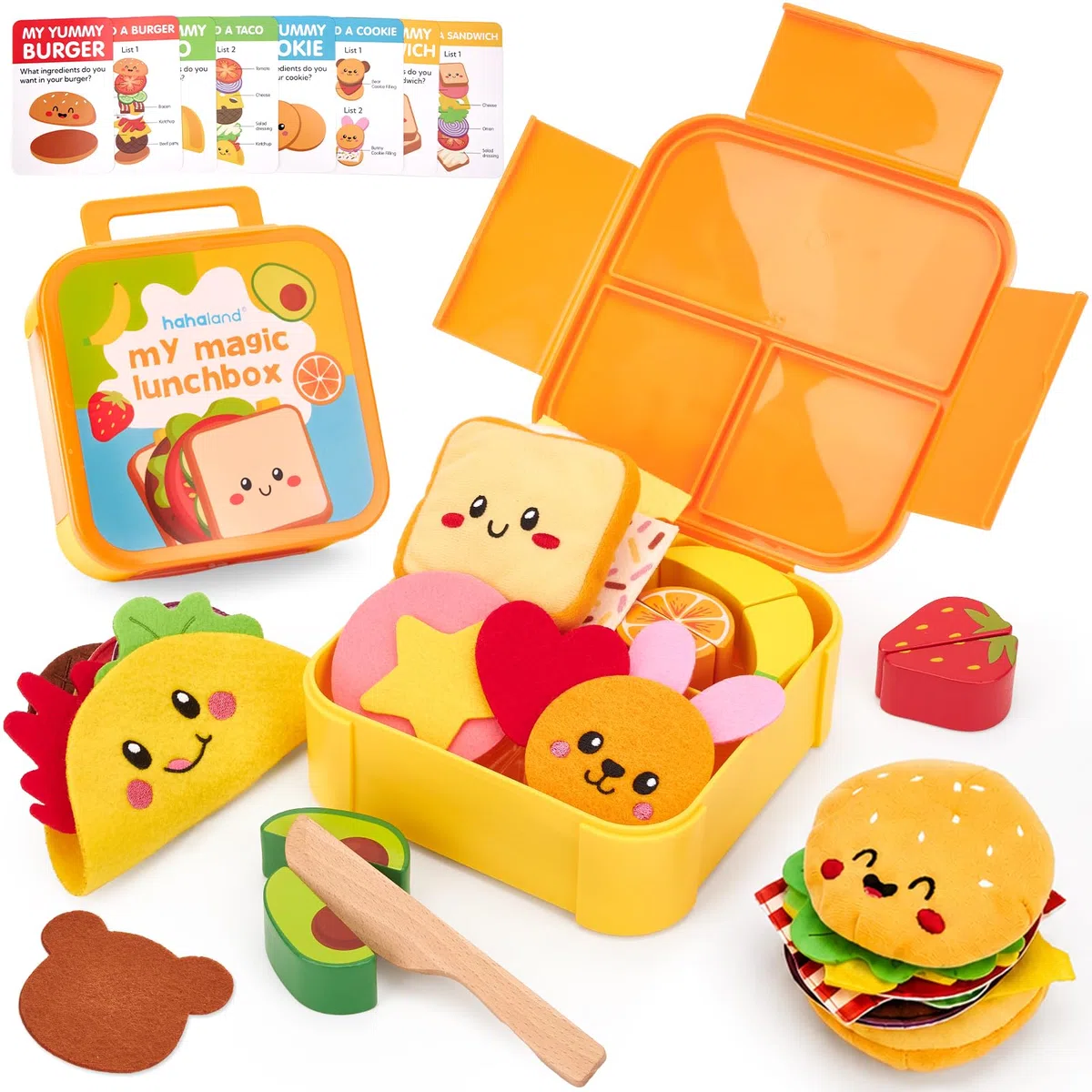 hahaland Cucina Giocattolo per Bambini, 43 Pcs Set Cucina Bambini 3-5 Anni | Giochi Montessori, con Cibo, Menu & Scatola, Facile da Riporre & Trasportare, Regalo Educativo Bimbo Bimba