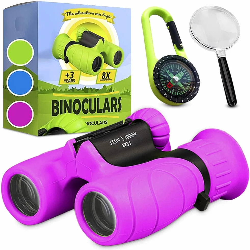 Binocolo per bambini, regali per bambini per bambini e bambine, forte ingrandimento 8X21, binocolo con lente d'ingrandimento e bussola, giocattolo per 3-12 anni (viola)