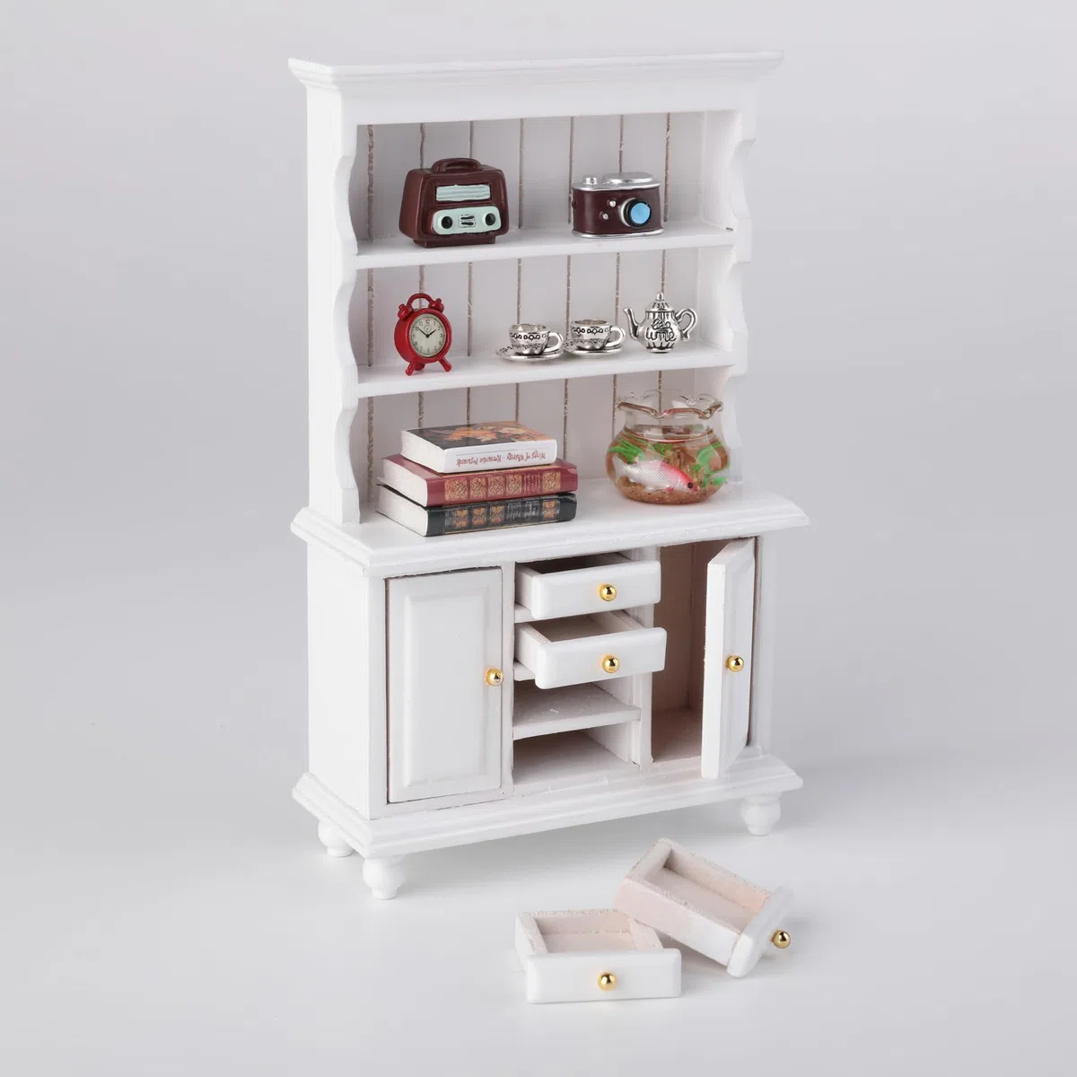 1:12 Set Librerie Per Case Delle Bambole, 11 Pezzi Mini Libreria In Legno Con Sveglia, Acquario, Libri, Tazzine Da Caffè Accessori Per Soggiorno, Sala Da Pranzo, Studio E Altre Scene