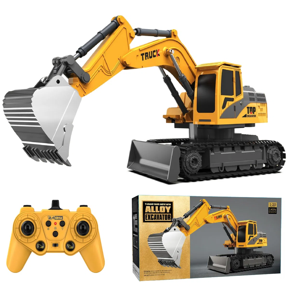 Giocattoli Escavatore Telecomandato per Bambini, 2 in 1 RC Scavatore Trattore con Bulldozer, 2.4Ghz Veicoli da Costruzione Giocattoli Auto con Luci e Musica per Bambini 3 4 5 6 7 8-12 Anni