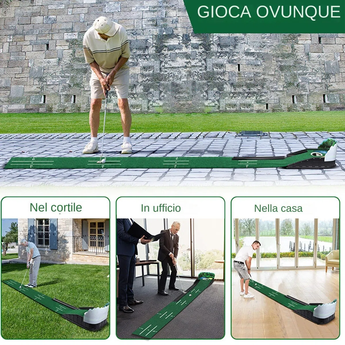 Putting Green per interni Tappetino da golf per interni Lussuoso tappetino in velluto Legno massiccio da golf Ritorno automatico della pallina Golf per interni/esterni Pratica del putting domestico Ta
