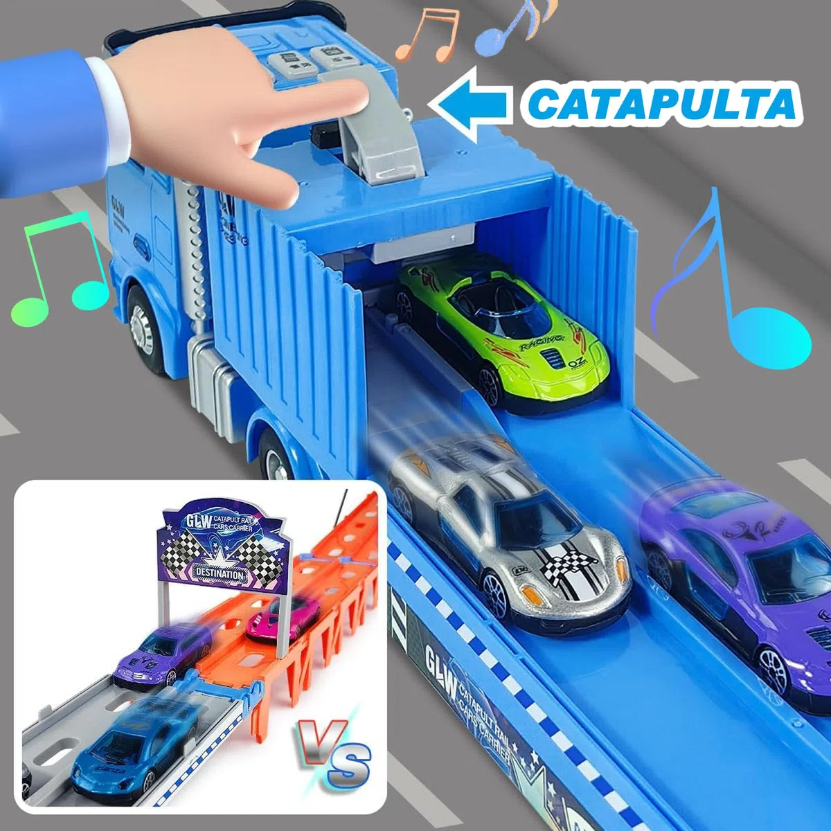 Camion Giocattolo per bambini, 201cm Pista da Trasporto Pieghevole Auto Eiettabile e 8 Auto da Corsa in Metallo, camion Porta Macchinine con Luci e Suoni, Regali per Bambini di 3 4 5 6+ Anni