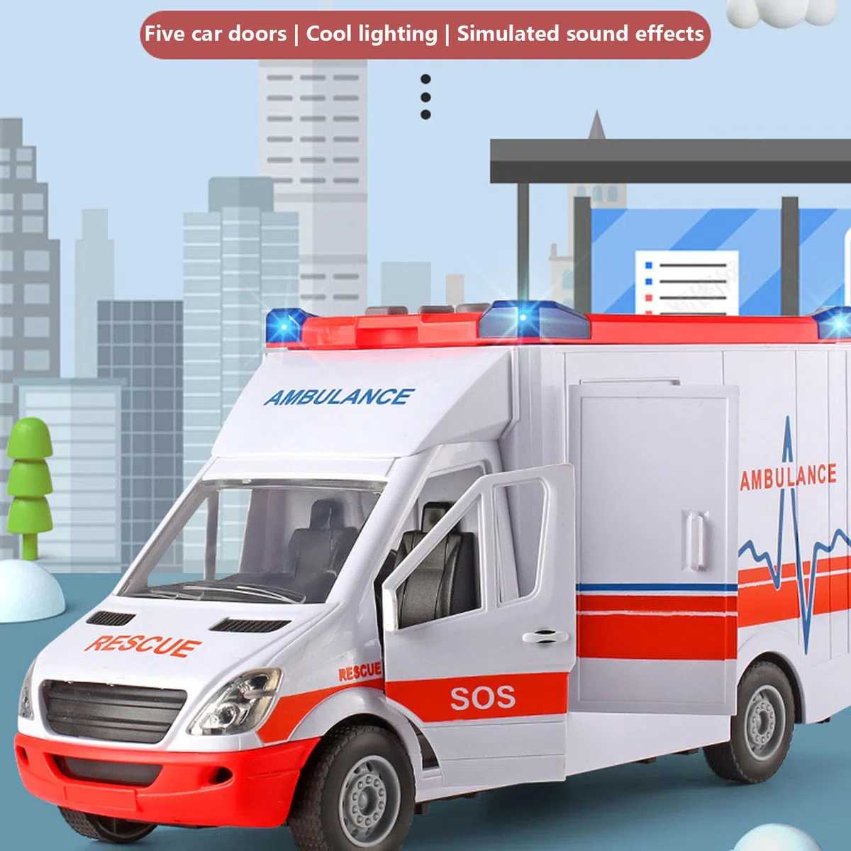 Ambulanza giocattolo per veicolo di soccorso – Camion di emergenza interattivo con e suoni, set da gioco per bambini con | Macchinina giocattolo educativa di grandi dimensioni