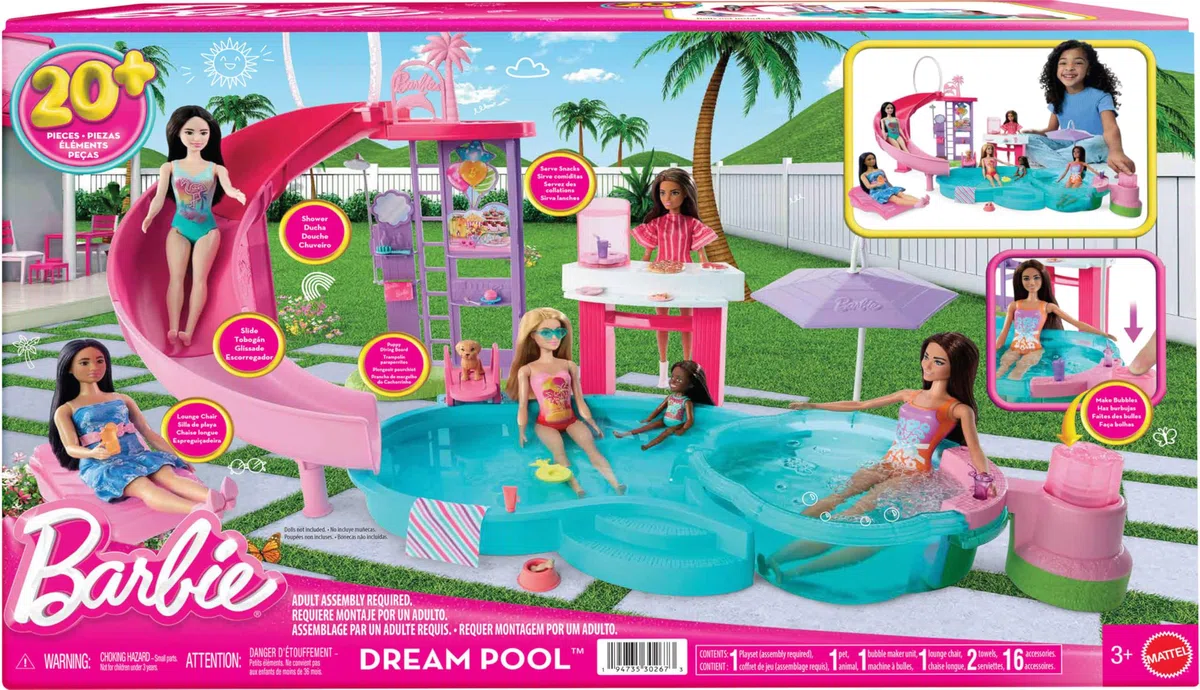 Barbie Piscina dei Sogni, playset con 6 Aree di Gioco, tra Cui Scivolo e Vasca idromassaggio, Oltre 20 Accessori Come Cuccioli, galleggianti e Molto Altro, JFP01