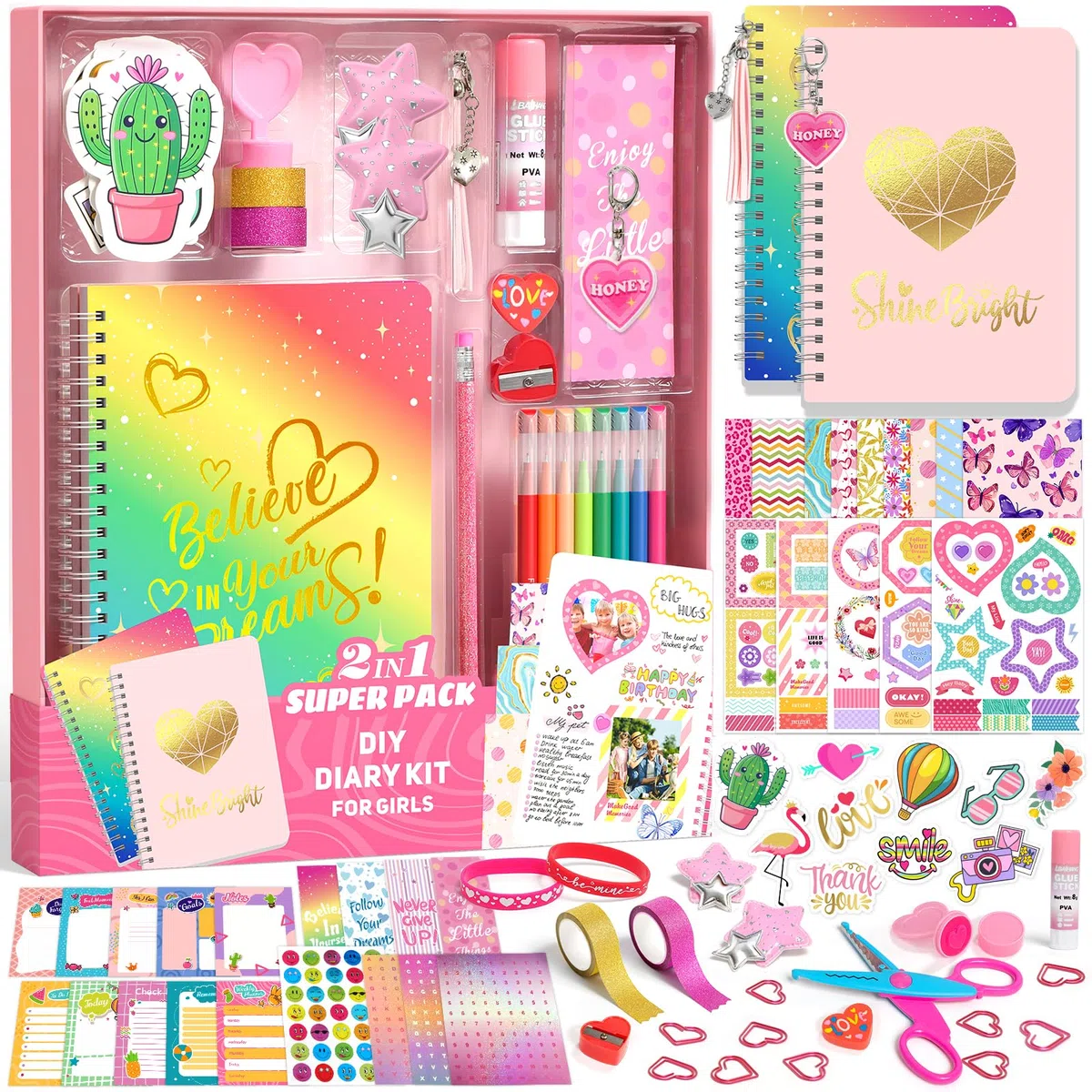 Sunrad Set diario fai da te per bambini, Scrapbook & Diary Supplies Set con taccuino A5, per scrapbook fai da te, kit di cancelleria, regalo per ragazzi 6, 7, 8, 9, 10, 11, 12 anni