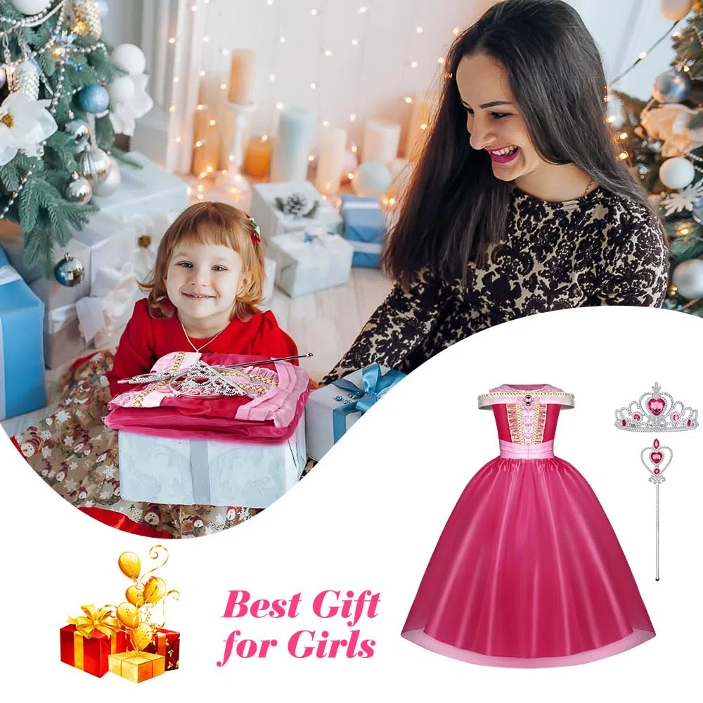 URAQT Costumi Principessa, 3 Pcs Vestito Bambina Bella Addormentata Costume con Accessori, Ragazza Abiti Principessa Abito Principessa Rosa da Carnevale Halloween Cosplay