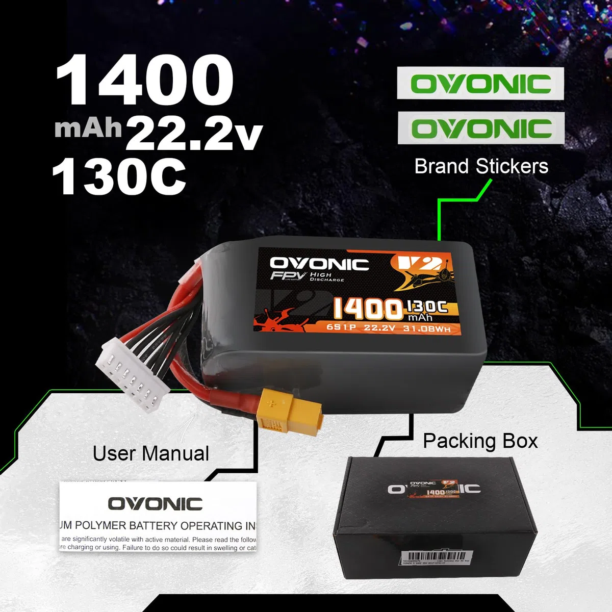 OVONIC Batteria Lipo da 6s, 1400 mAh, 22,2 V, 130 C, con spina XT60, per elicottero RC FPV, aereo, quadricottero, hobby racing