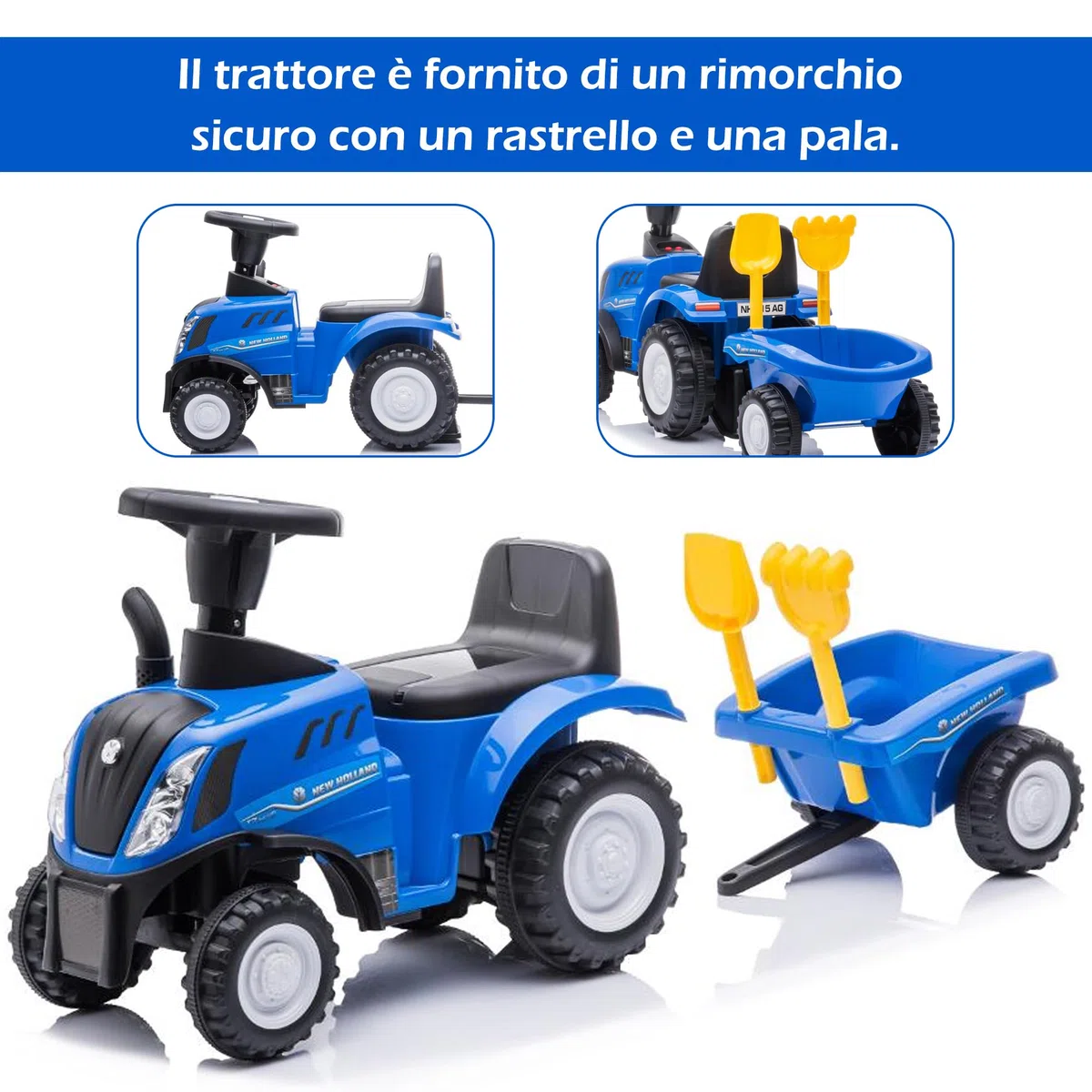 COIL Trattore New Holland Rutscjauto con Rimorchio - Trattore Buggy con Licenza, Include Rastrello e Pala - Realizzato in Plastica di Alta Qualità - Trattore Giocattolo Per Bambini