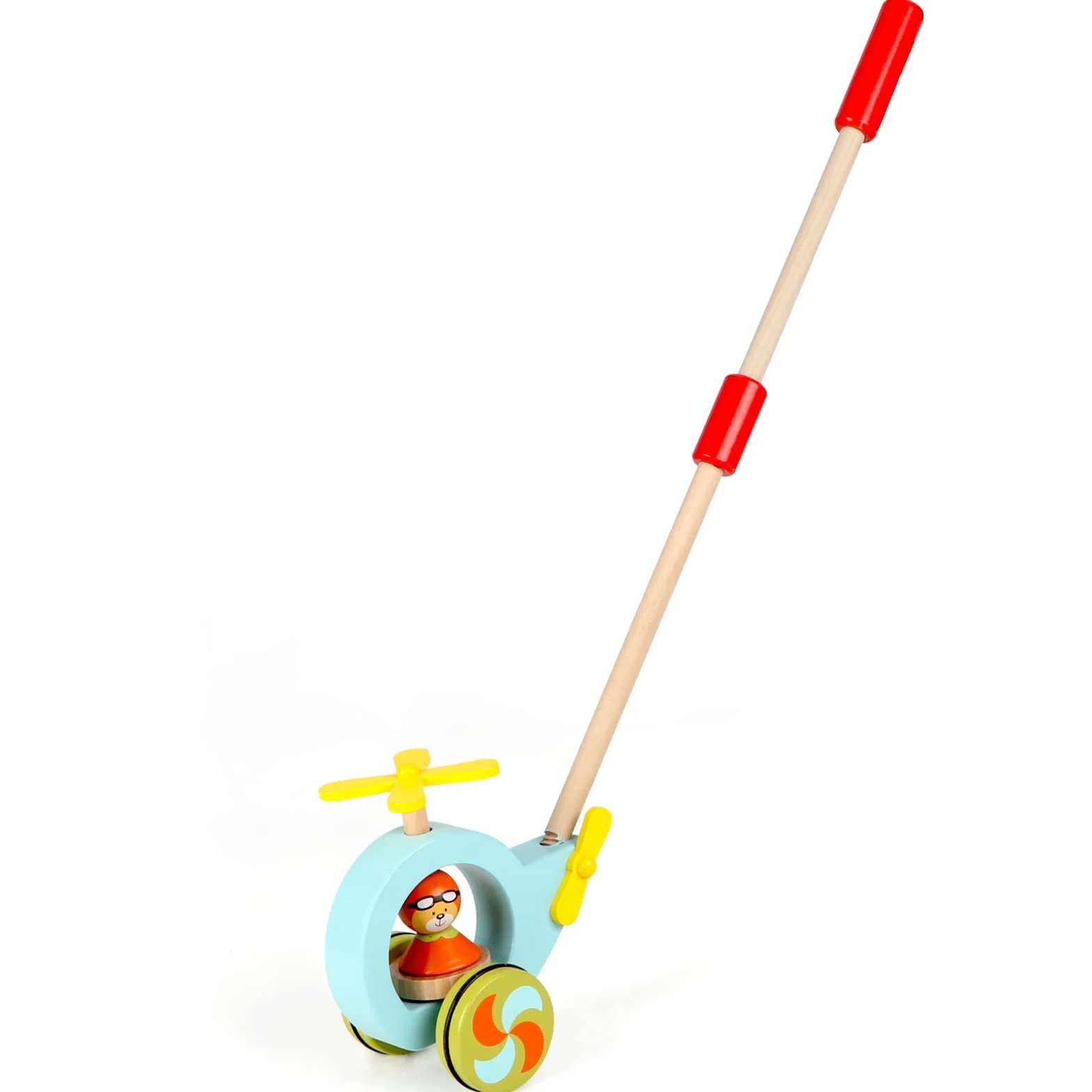 Jacootoys in legno Spingi e tira lungo Elicottero da passeggio Giocattolo per bambini con bastone staccabile 24 pollici