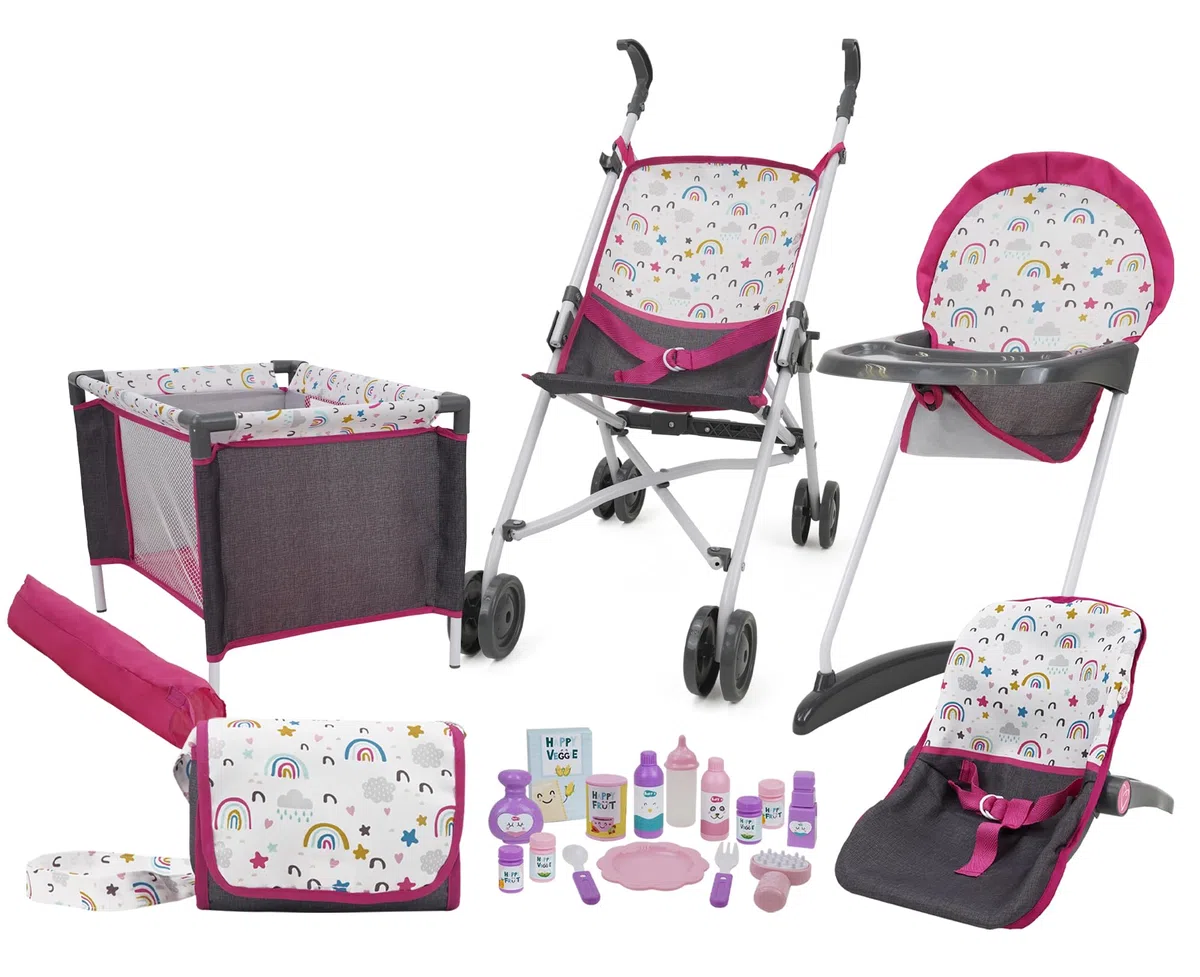 509 Crew 21 Piece Doll Stroll n Play & Care Combo Set, Stroller, Playard, High Chair Set, Carry Cot, Diaper Bag, Feeding and Grooming Accessories, Ages 3+