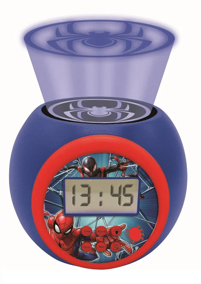 Lexibook - Marvel Spider-ManSveglia con proiettore con Funzione Snooze, Luce Notturna con Timer, Schermo LCD, a Batteria, Blu/Rosso, RL977SPLXB