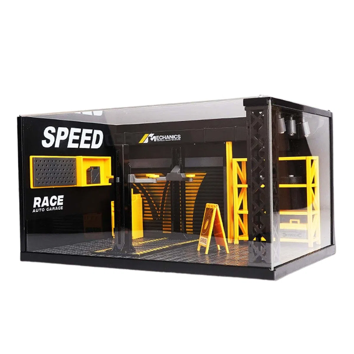 Oshhni 1/24 Car Garage Modello Diorama, Contenitori per Esposizione Collezionismo, Modello Di Officina Riparazioni, Vetrina Espositiva per Modelli Di Auto, con Bordo