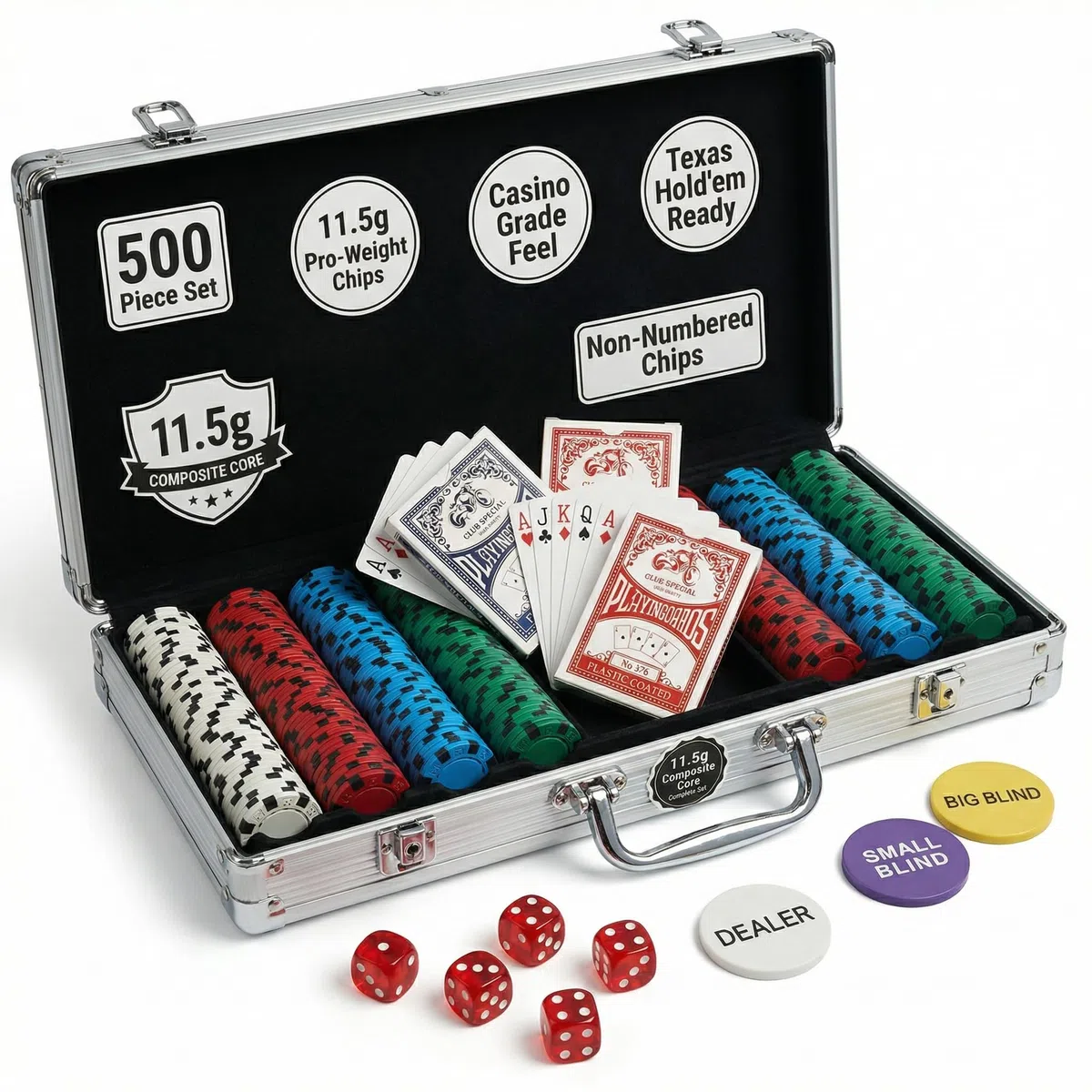 Set da poker da 500 pezzi con custodia in alluminio e chip professionali da 11,5 g, 2 mazzi più 5 dadi da poker impermeabili, kit da poker da casinò