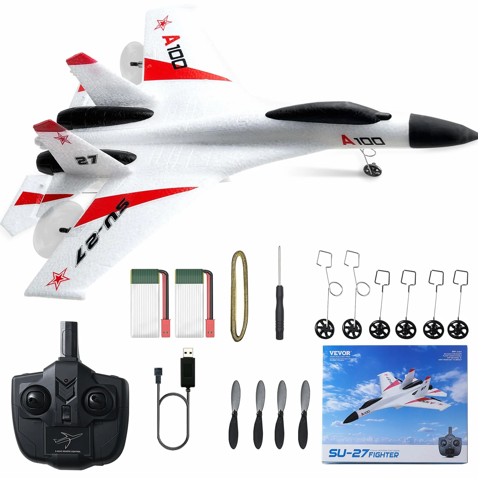 VEVOR Aereo radiocomandato, 2,4 GHz, 4 canali, con stabilizzatore giroscopico a 6 assi e 2 batterie, pronto a volare SU-27, aereo da combattimento, giocattolo per adulti, bambini, principianti, regalo