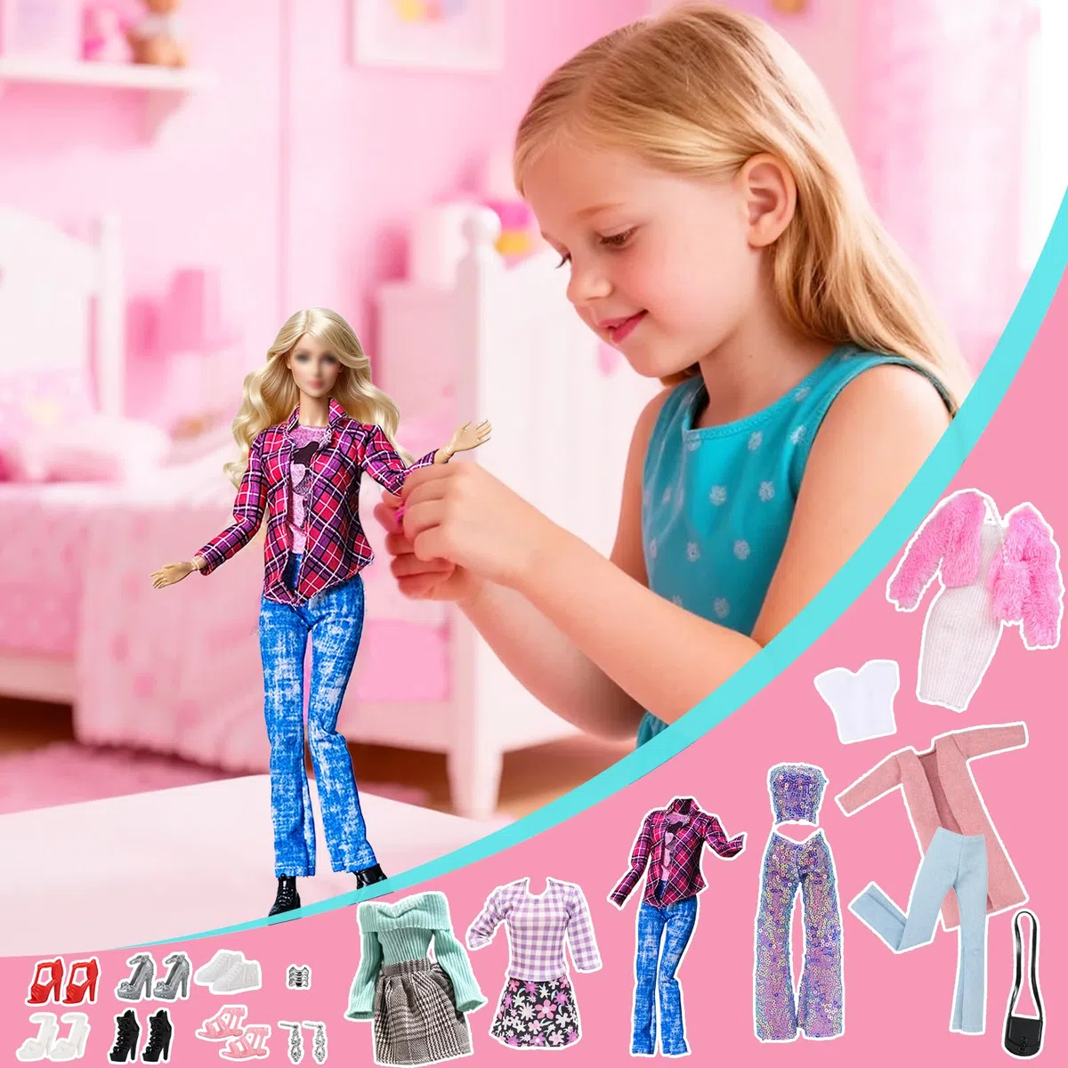 16 pezzi di vestiti e accessori per bambole da 11,5 pollici, cappotto rosa, vestito a motivo pied-de-poule, set casual, selezione casuale di 3 outfit, 6 scarpe, 2 borse, 1 paio di orecchini, 1