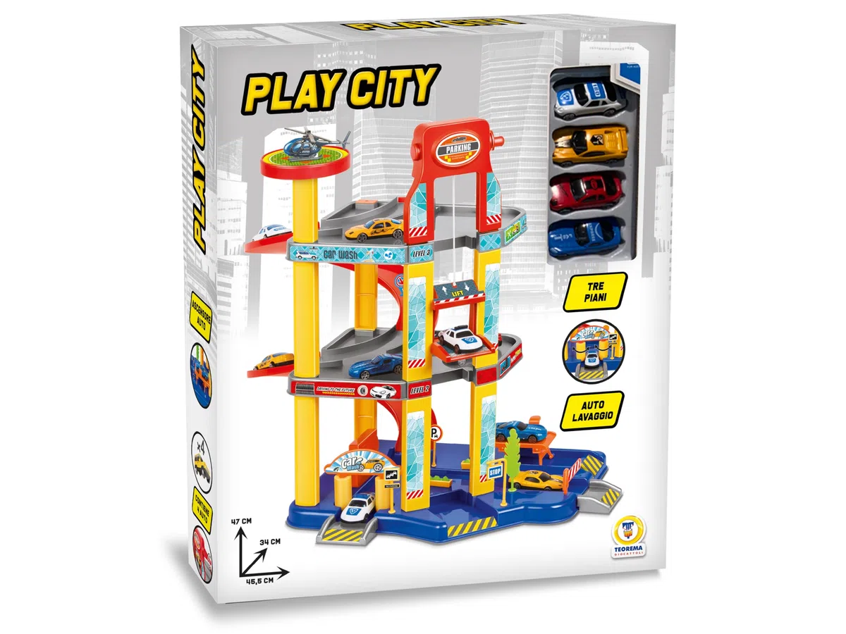 Teorema Giocattoli, Garage Macchine per Bambini, Grande Parcheggio Macchinine a 3 Piani con Ascensore, Rampa a Spirale, Autolavaggio e 4 Veicoli Inclusi, Auto per Bambini 3+ Anni
