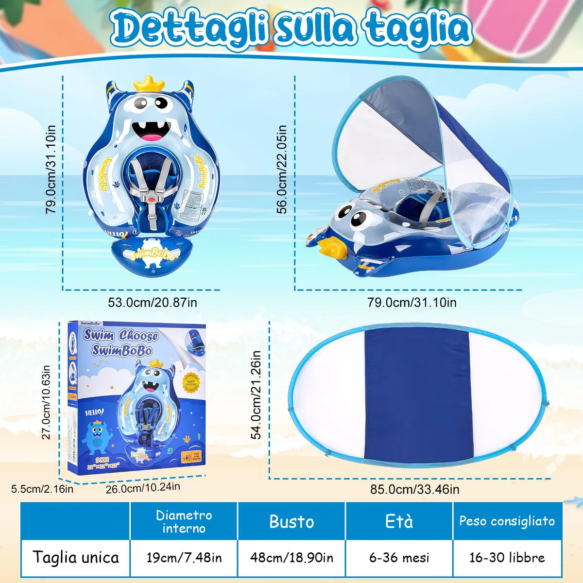 YOOHBERRYS Salvagente Neonato, Ciambella Neonato Mare, Anello Galleggiante per Bambini con Parasole SPF 50+, Salvagente Galleggiante per bambini da 6 a 36 mesi
