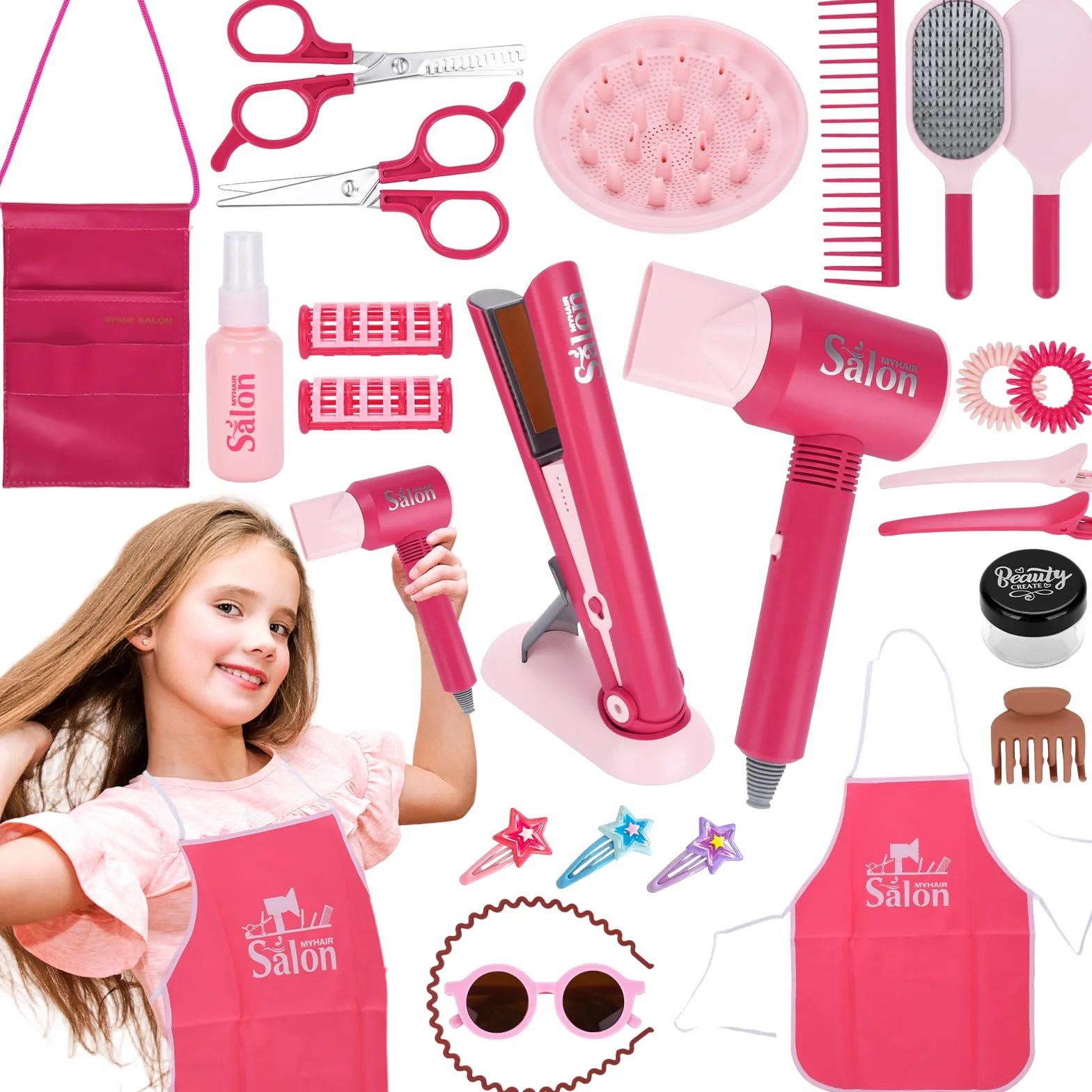 Set Parrucchiera Bambina,Gioco Parrucchieri per Bambini,25 Pezzi Kit di Bellezza e Parrucchiere per Bambini con Asciugacapelli,Arricciacapelli e Altri Accessori,Regalo Bambina 3 4 5 6 7 Anni