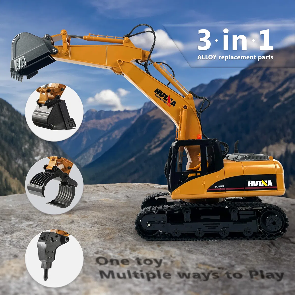 CELMAN Escavatore telecomandato – 15 canali RC escavatore ricaricabile con pala in metallo, martello demolitore e presa – scala 1:14, catene di gomma, batteria e caricatore