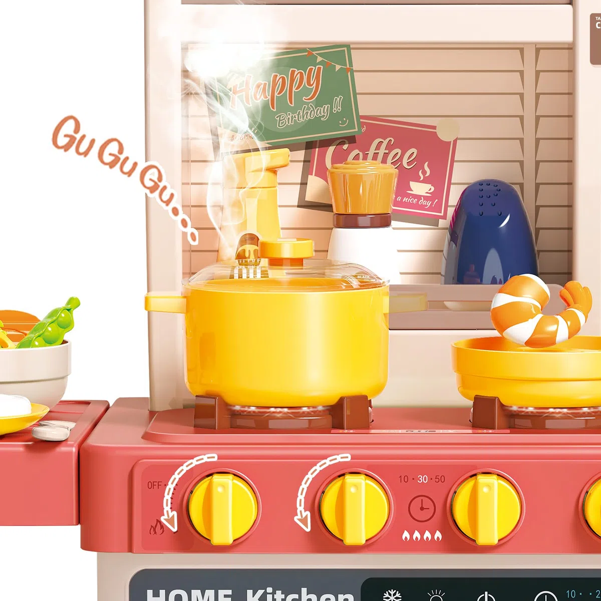deAO Kitchen Toy Cucina per bambini con suoni e luci, vapore, 50PCS accessori da cucina per bambini include piatti, cibo, lavello, forno e piastre di cottura giocattoli, set da gioco, Rosa