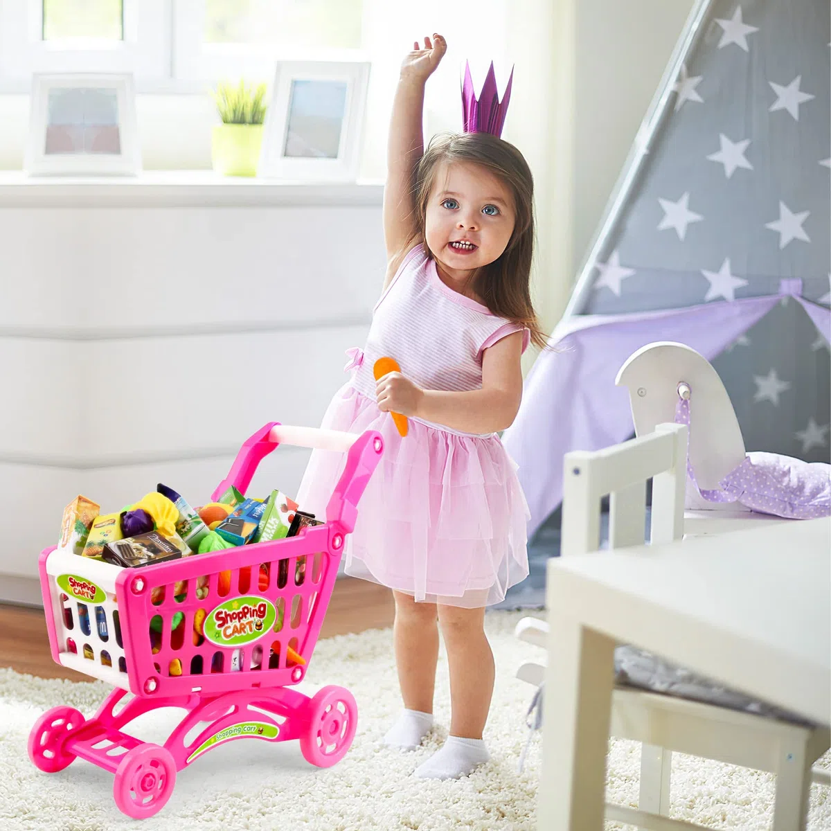 deAO Carrello Spesa Bambini Giocattolo, con più di 78 Accesori Giocattolo per Ragazzi e Ragazze, Rosa