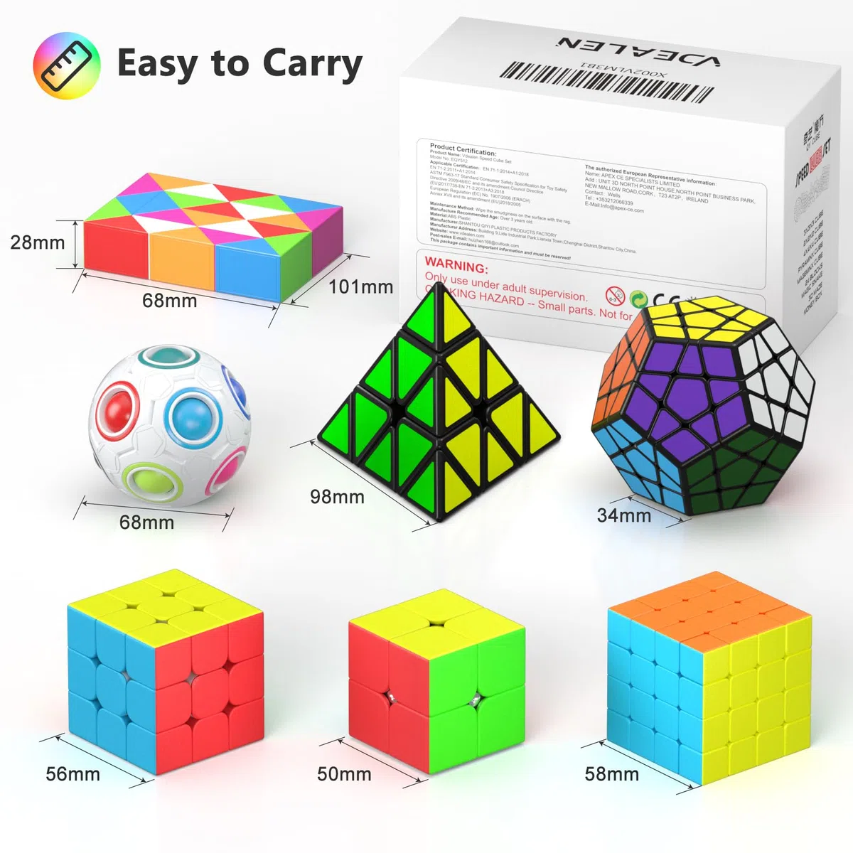 Vdealen Cubo Magico 2x2 3x3 4x4 Piramide Megaminx Snake Rainbow Ball Magic Cube, Lisci Speed Cube Puzzle Cubo di Velocità, Regalo per Bambini Adolescenti Adulti(7 Pacchetto)