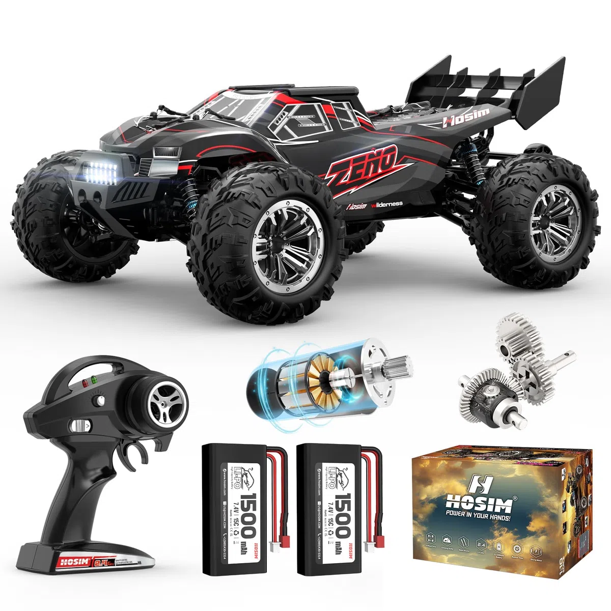 Hosim 1:10 Auto telecomandata per adulti, Buggy RC 4WD ad alta velocità 48 + KM/H con 2 batterie 7,4 V 1500 mAh, auto elettrica RC grande camion RC fuoristrada 2,4 GHz impermeabile