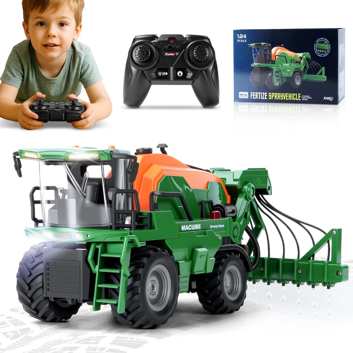 Ulikey Trattore Telecomandato per Bambini, Trattore Elettrico Giocattolo con Irrigazione, Luci e Suoni, Fattoria Camion Telecomandato Giocattoli per Bambini di 3, 4, 5, 6, 7 Anni