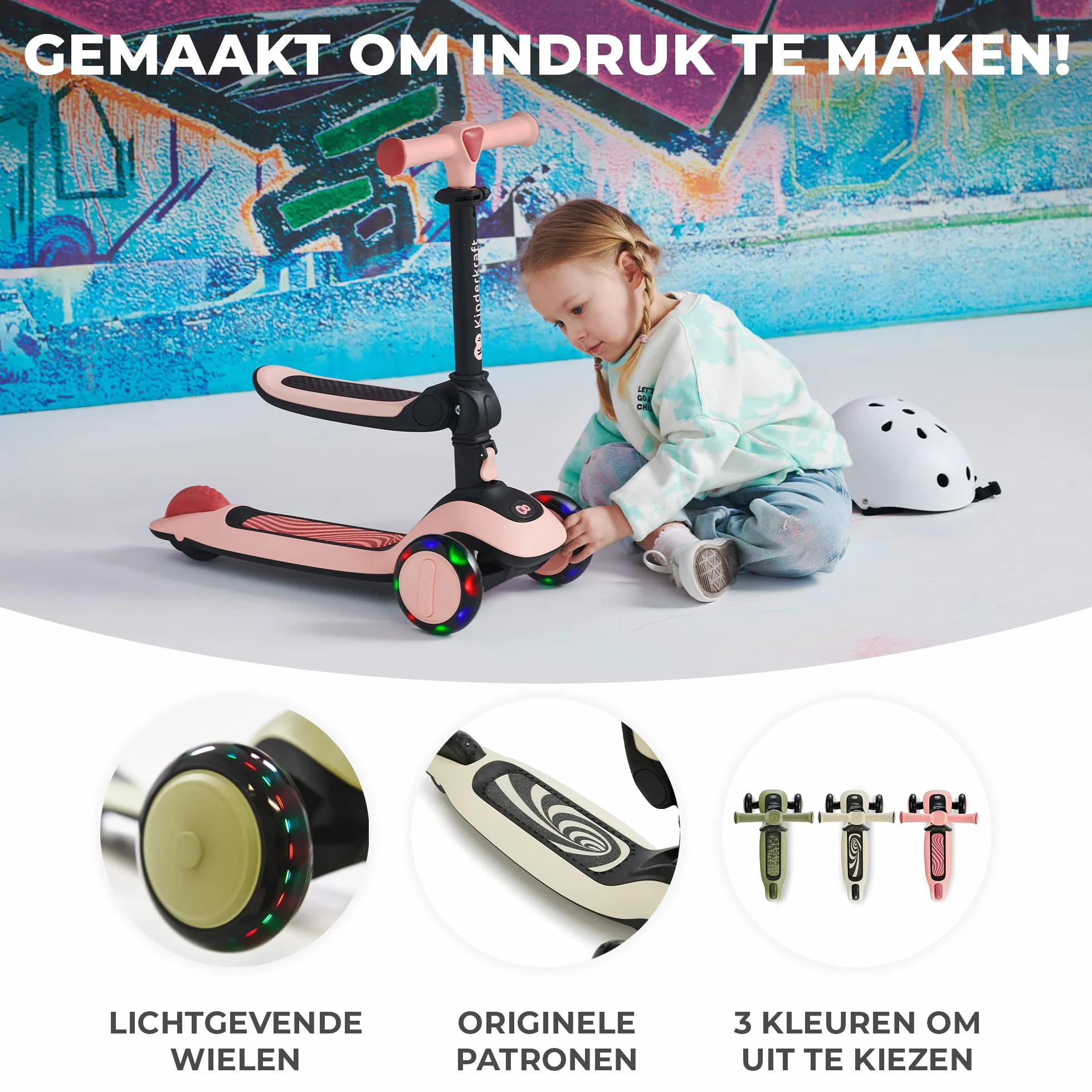 Kinderkraft HALLEY Monopattino Bambino, Triciclo bambini 1 anno, con 3 Ruote LED, Pieghevole, Manubrio regolabile in altezza, per Bambini 3-13 Anni, Carico Massimo 50 kg, Bianco