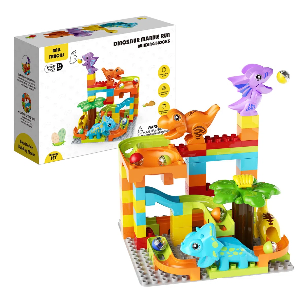 burgkidz Pista di Biglie Dinosauro, 78 Pezzi Piste di Marmo Costruzioni Blocchi Giocattoli, Gioco del Labirinto Interattivo ed Educativo STEM Regalo per Bambini 3+ Anni