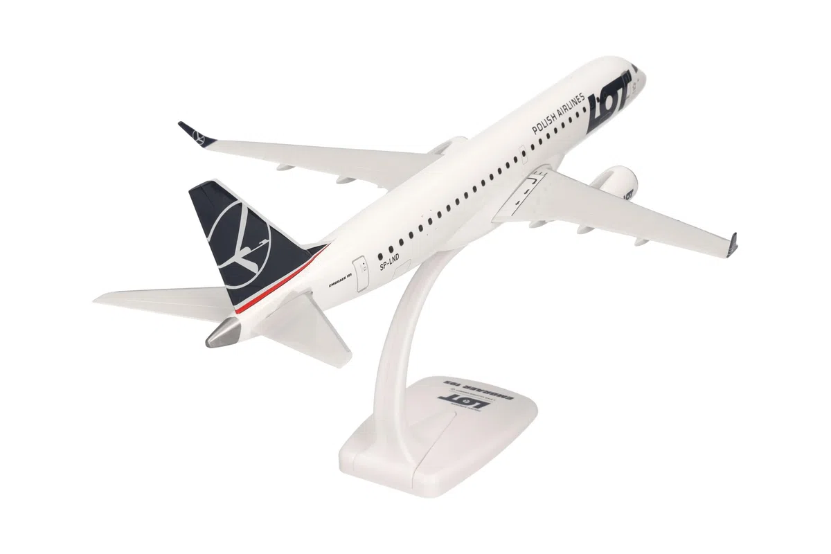 Herpa Snap-Fit Modellino di aereo LOT Polish Airlines Embraer E195 - SP-LND, miniatura in scala 1:100, pezzo da collezione, modello con base, plastica