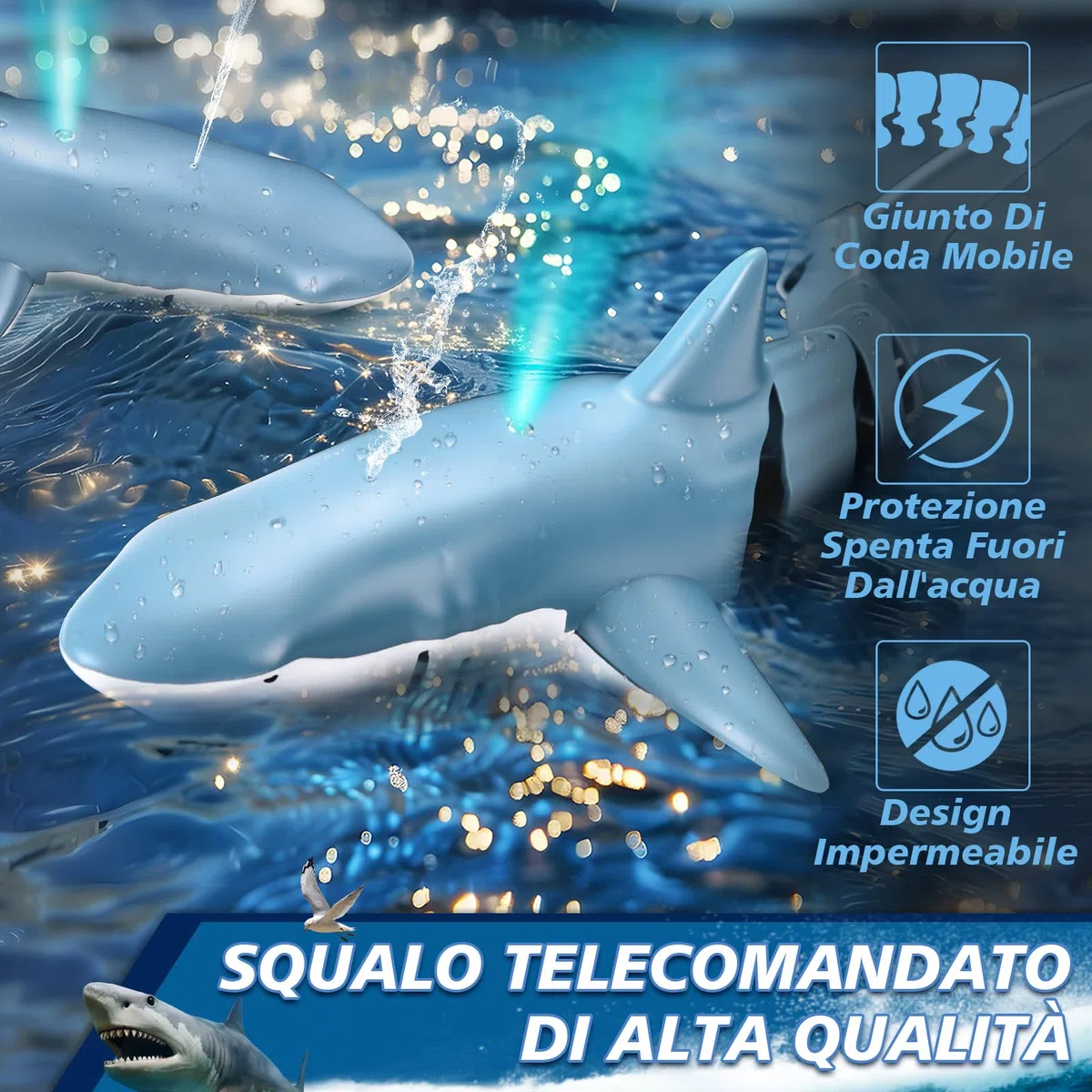 YOOHBERRYS Squalo Telecomandato, 2.4GHz Squalo Giocattolo, Barca Squalo RC con Luci e Getti d'acqua, Giocattolo da Piscina Regalo per 6+ Anni Ragazzo Ragazza (Illuminazione e Spruzzatura dell'acqua)