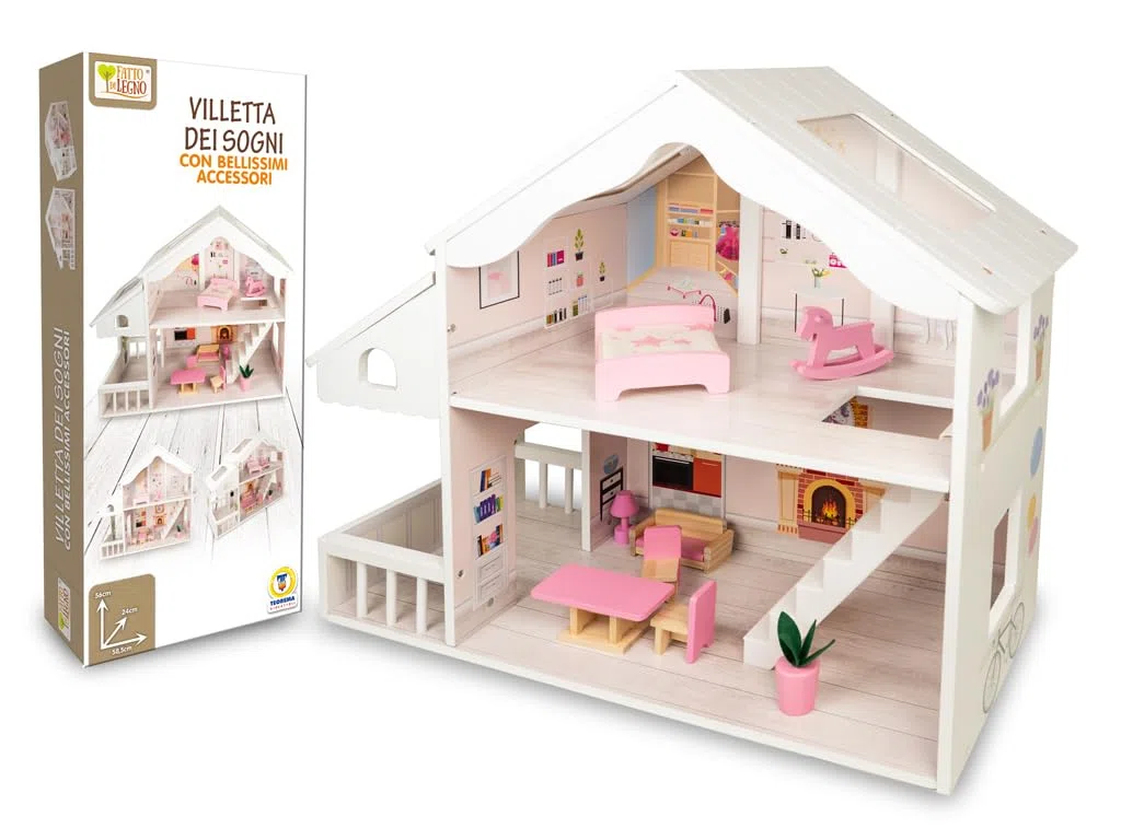 Teorema FATTO DI LEGNO – Casa delle Bambole in Legno con Solario e Accessori, Villetta Grande 58,5x24x56 cm per Bambina 3+ Anni, Dollhouse Completa