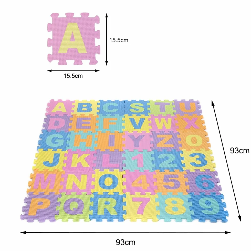 36 Pezzi Puzzle,Certificato CE,MulticoloreTappeto Gioco per Neonato in EVA Antiscivolo Non Tossico Puzzle con Lettere e Numeri