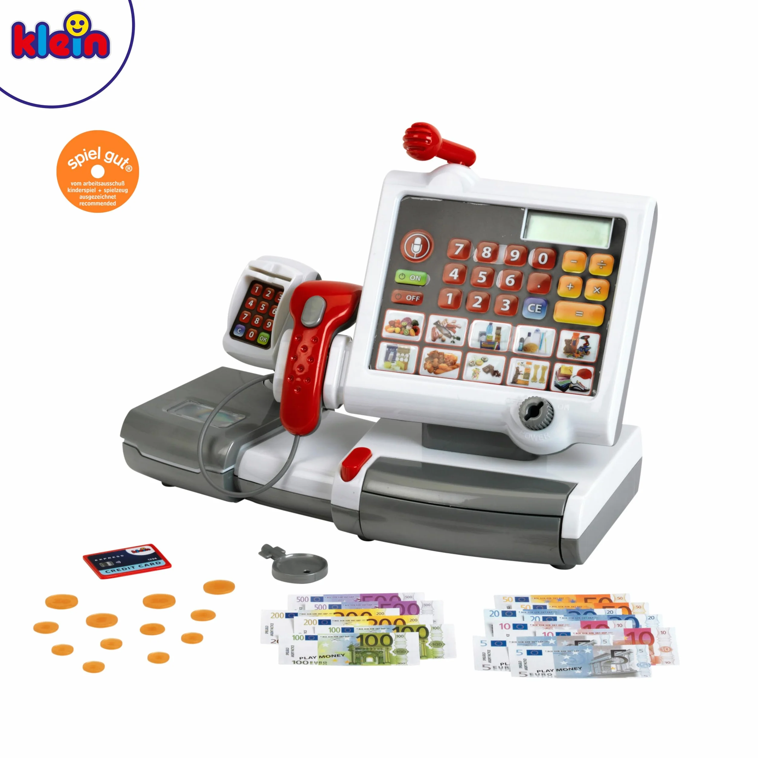 Theo Klein 9356 Cassa giocattolo, Con tastiera a membrana, funzione di calcolatrice, terminale per i pagamenti unitamente a Scanner e bilancia, Giocattolo per bambini a partire dai 3 anni di età